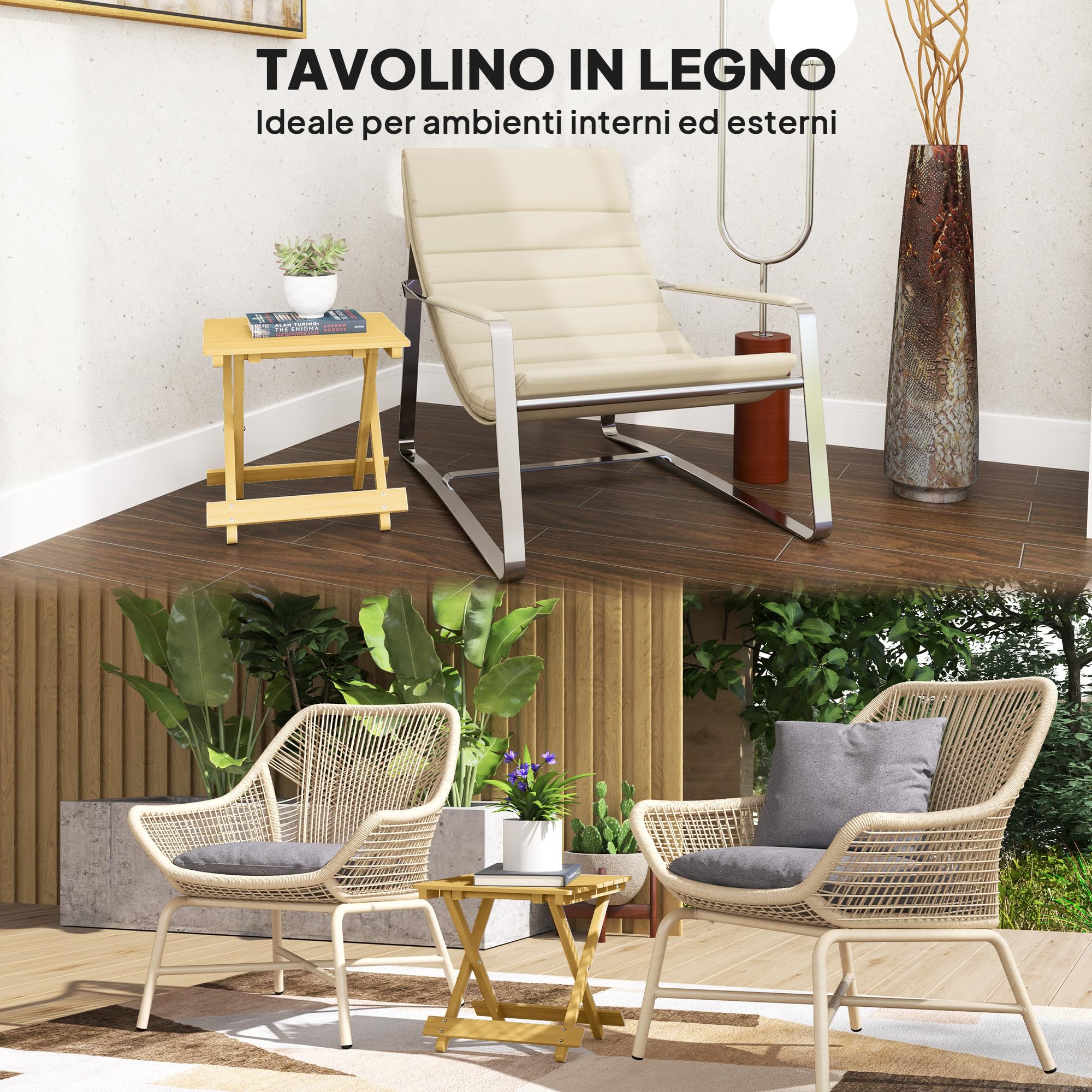 Outsunny Tavolino da Giardino Pieghevole in Legno di Abete, Tavolo da Esterno con Piano a Doghe per Salotto, Balcone e Terrazza, 40x43x40 cm, Legno Naturale