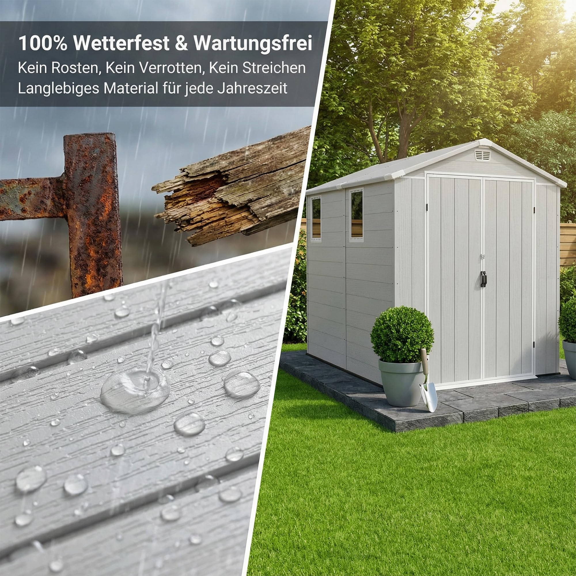 JUMMICO 6x8 XXL Gartenhaus, 9,4m³ Kunststoff-Geräteschuppen mit Boden, 185x240x210 cm, Wetterfest & Frostsicher, Ideal für Fahrräder, Rasenmäher, Gartengeräte, Hellgrau
