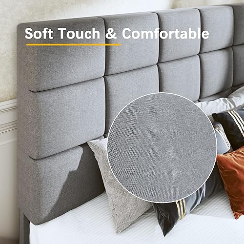 Miniatura 7 de Fluest Base de cama tamaño King tapizada con cabecero ajustable de tela de lino, cabecera capitoné de tela de lino, soporte de listones de madera,
