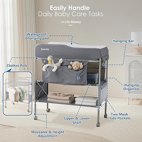 Miniatura 2 de Sweeby Cambiador portátil para bebé, cambiador plegable para bebé, cambiador de pañales, impermeable, organizador móvil de guardería para recién