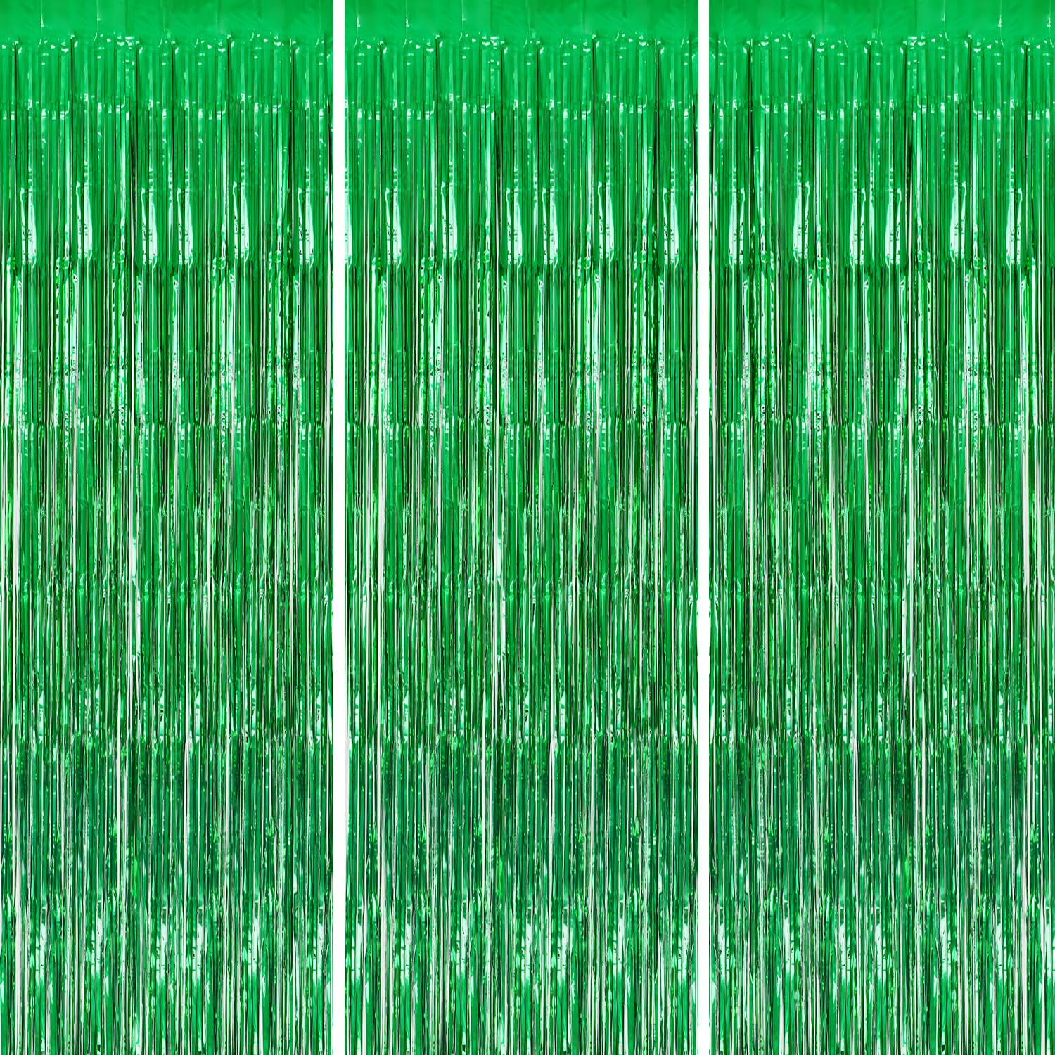 DECOCKRAT 3 Pack Foil Fringe Backdrop - Green Shiny Tinsel Curtains for Party Decoration/Photo Booth Props - 3.3x8.2 FT Metallic Foil Backdrop for Birthday, Wedding, Graduation, Christmas.