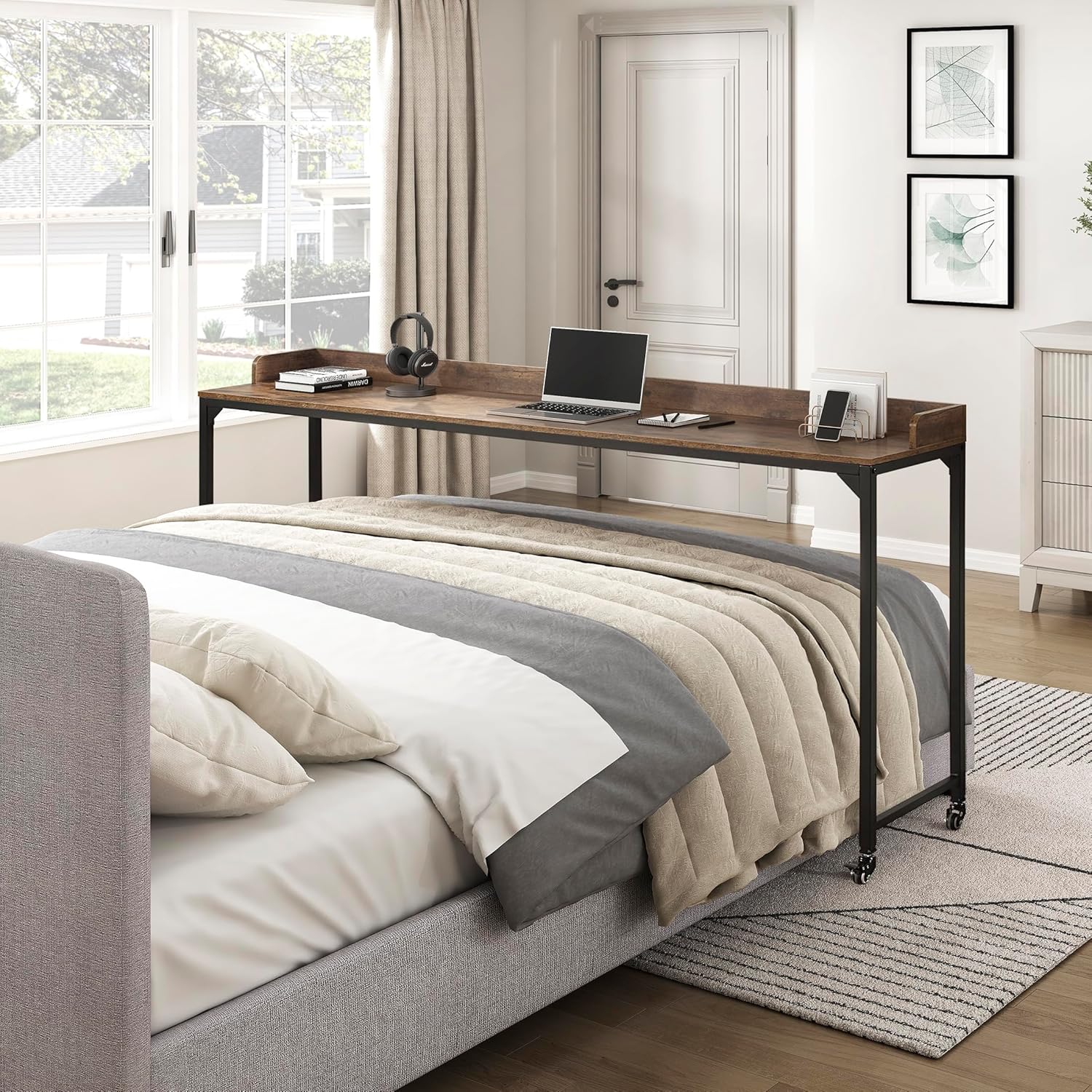 Lexicon Overbed Table with Wheels, Mobile Bed Desk with Metal Leg, 72" W Queen Size Rolling Desk Adjustable Height, Standing Workstation Laptop Desk, Portable Desk, Brown Rustic Brown/Black Metal