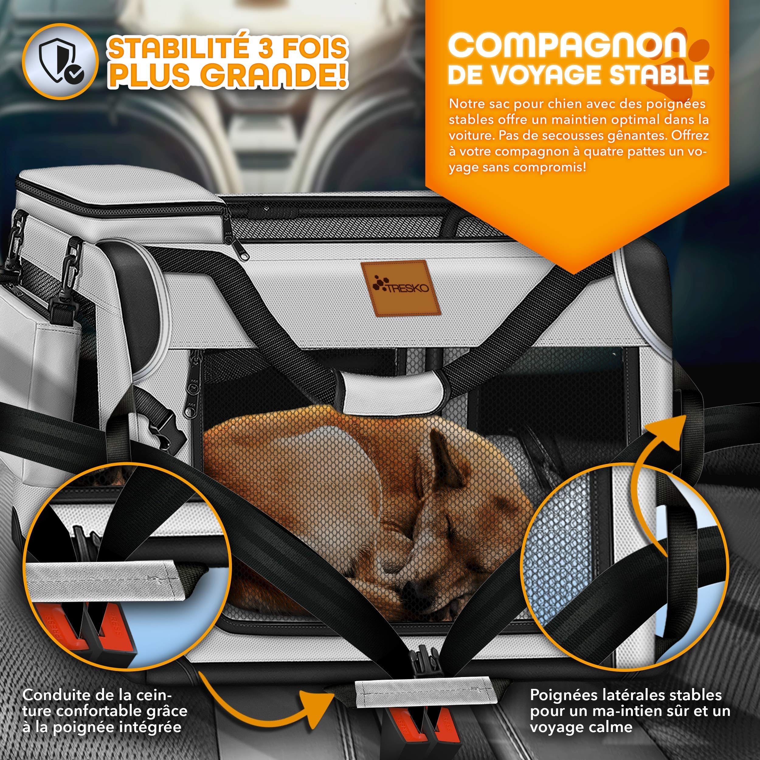 TRESKO® Caisse de transport pliable, avec tapis de fuite, spatule et réflecteurs, pour chiens et chats de petite et grande taille, sac robuste, taille M, 61 x 42 x 42 cm (gris)