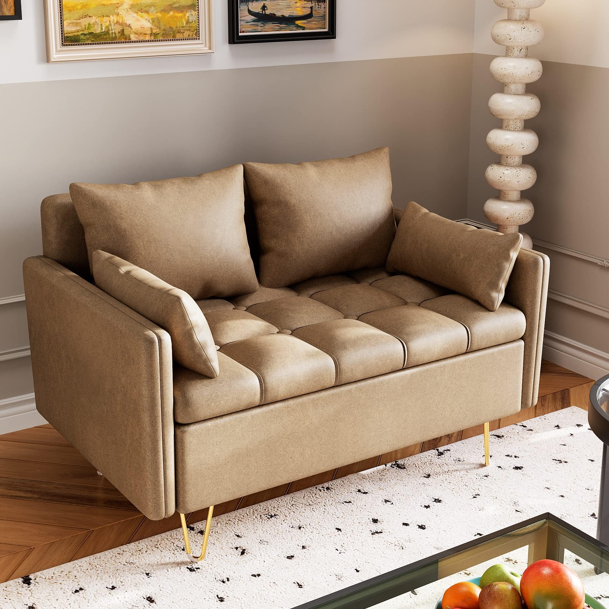 GAOMON Elegant Faux Leather Couch Sofa, 44" Elegant Loveseat with Tufted Hand Stitched Cushion, Gold Legs & Convenient Lift-Up Storage - Couches/Sofas for Living Room or Small Spaces, Light Brown