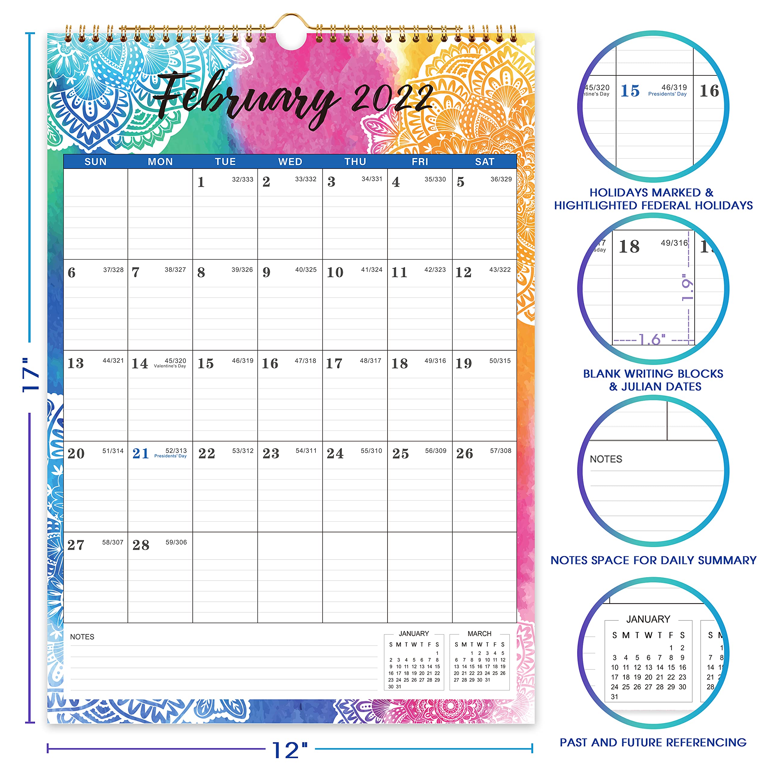 2022 Calendar 12 Monthly Wall Calendar with Thick Paper, 12" x 17