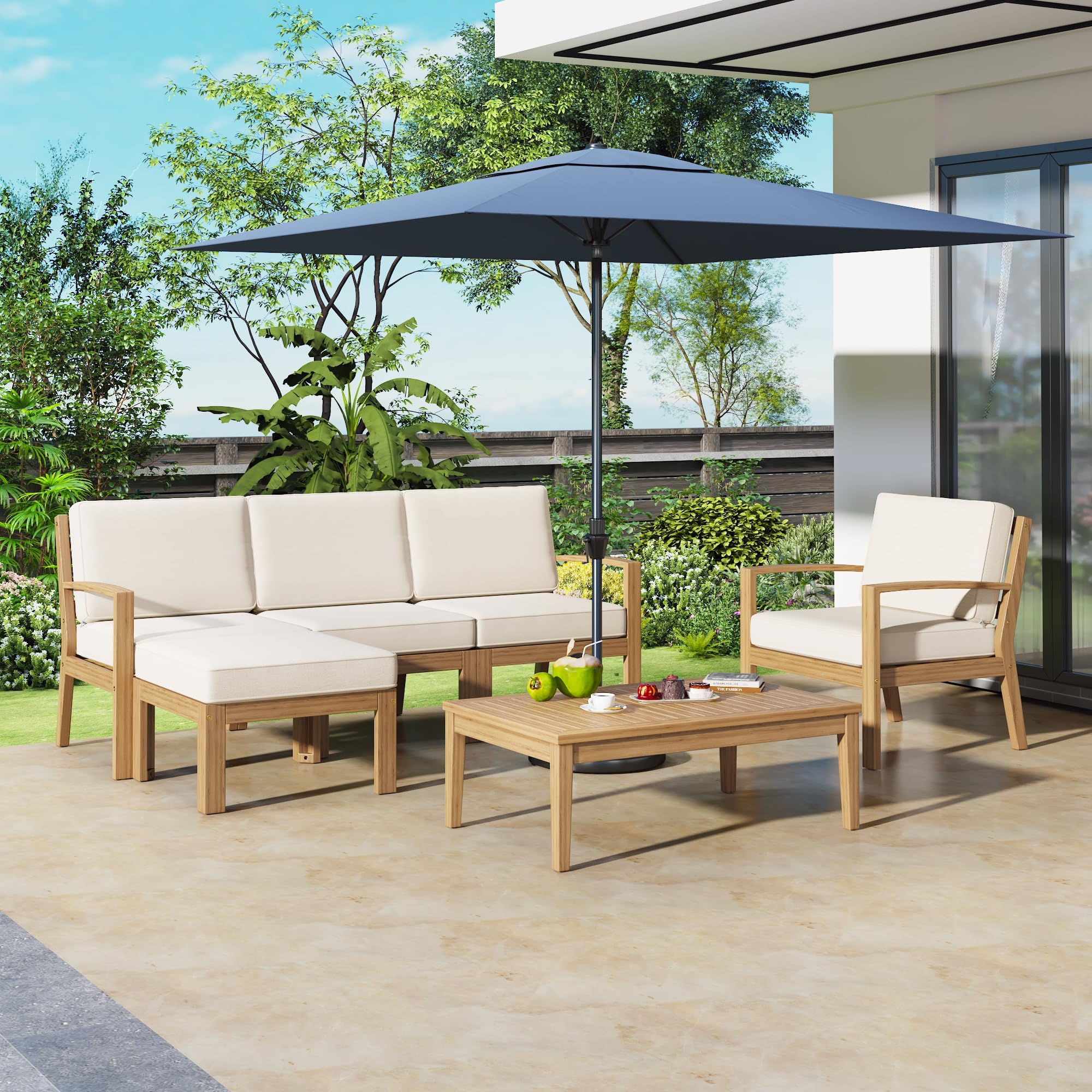 TREXM 6-Piece Acacia Wood Frame Patio Sectional Sofa Set with Coffee Table and Removable Cushion for Garden Backyard Patio and Poolside(Beige)