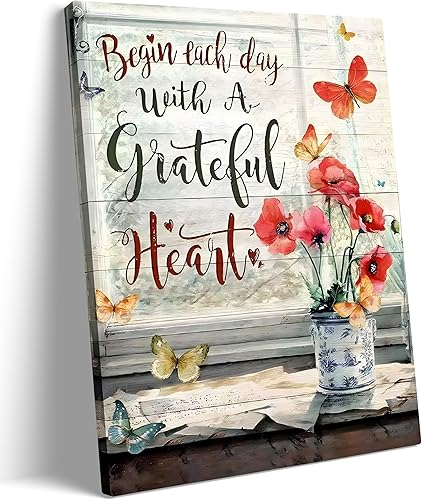 Lienzo de flores rojas para pared, diseño retro de granja, mariposa, amapola, decoración de pared, diseño de flores modernas, comienza cada día con