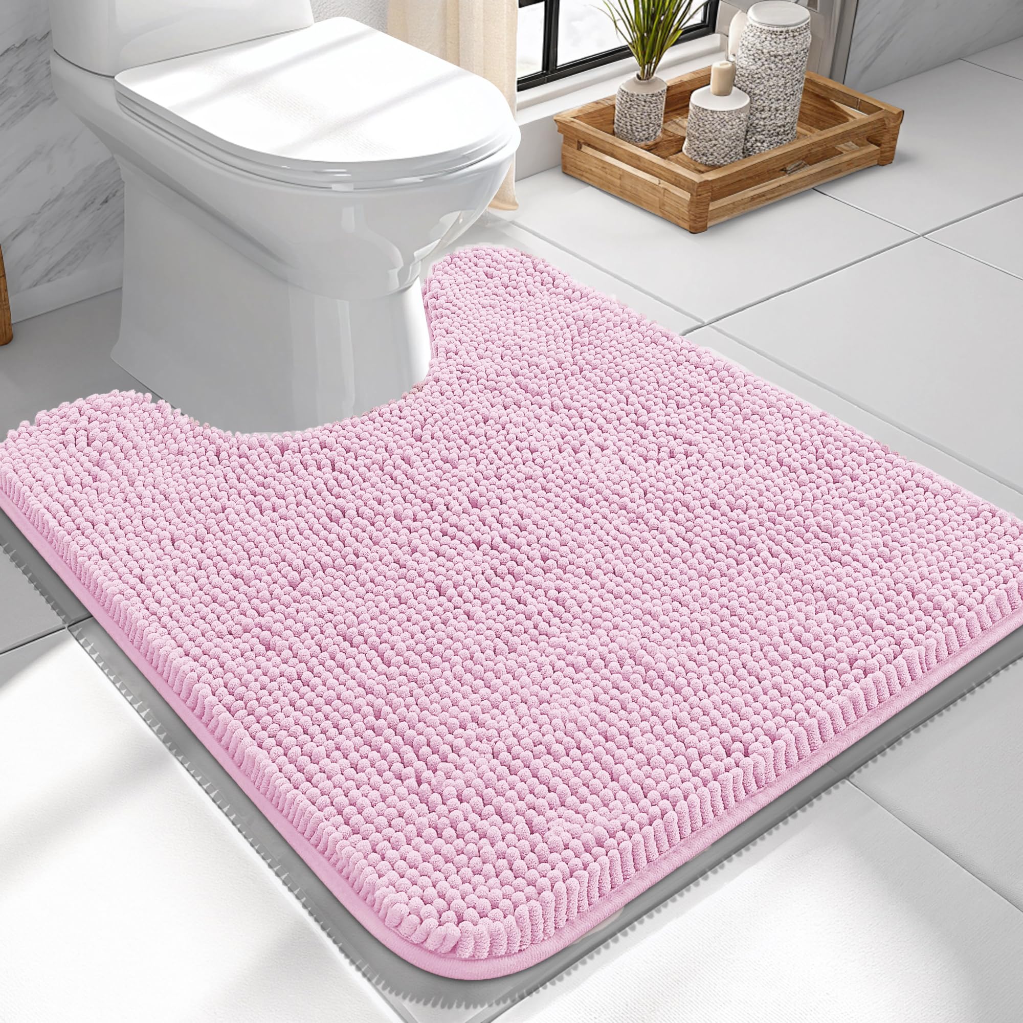 OLANLY Toilet Rugs U-Shaped 24x24, Soft Absorbent Chenille Contour Rugs | Pink, Quick-Drying Rubber Backing, Machine Washable Non-Slip Shaggy Bathroom Mat for Toilet, Home Decor Accessories