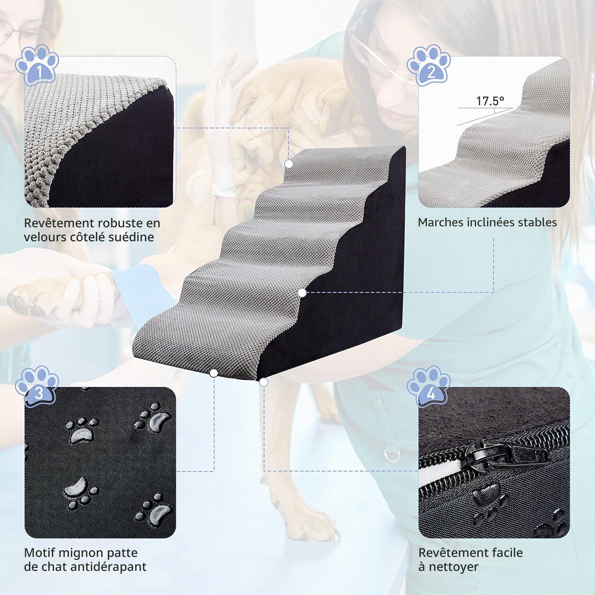 A.FATI Escalier pour chien de 60 cm de haut, 5 marches pour lit à sommier tapissier, canapé, escalier antidérapant pour animaux de compagnie pour petits chiens ou chats blessés – avec corde jouet pour