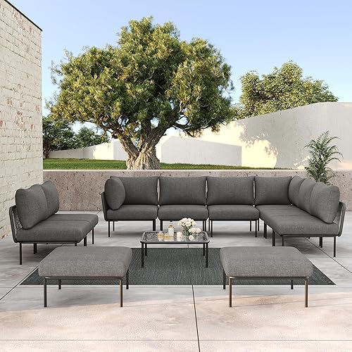 LayinSun 11 Pieces Aluminum Patio Furniture Set, Modern Modular Sectional