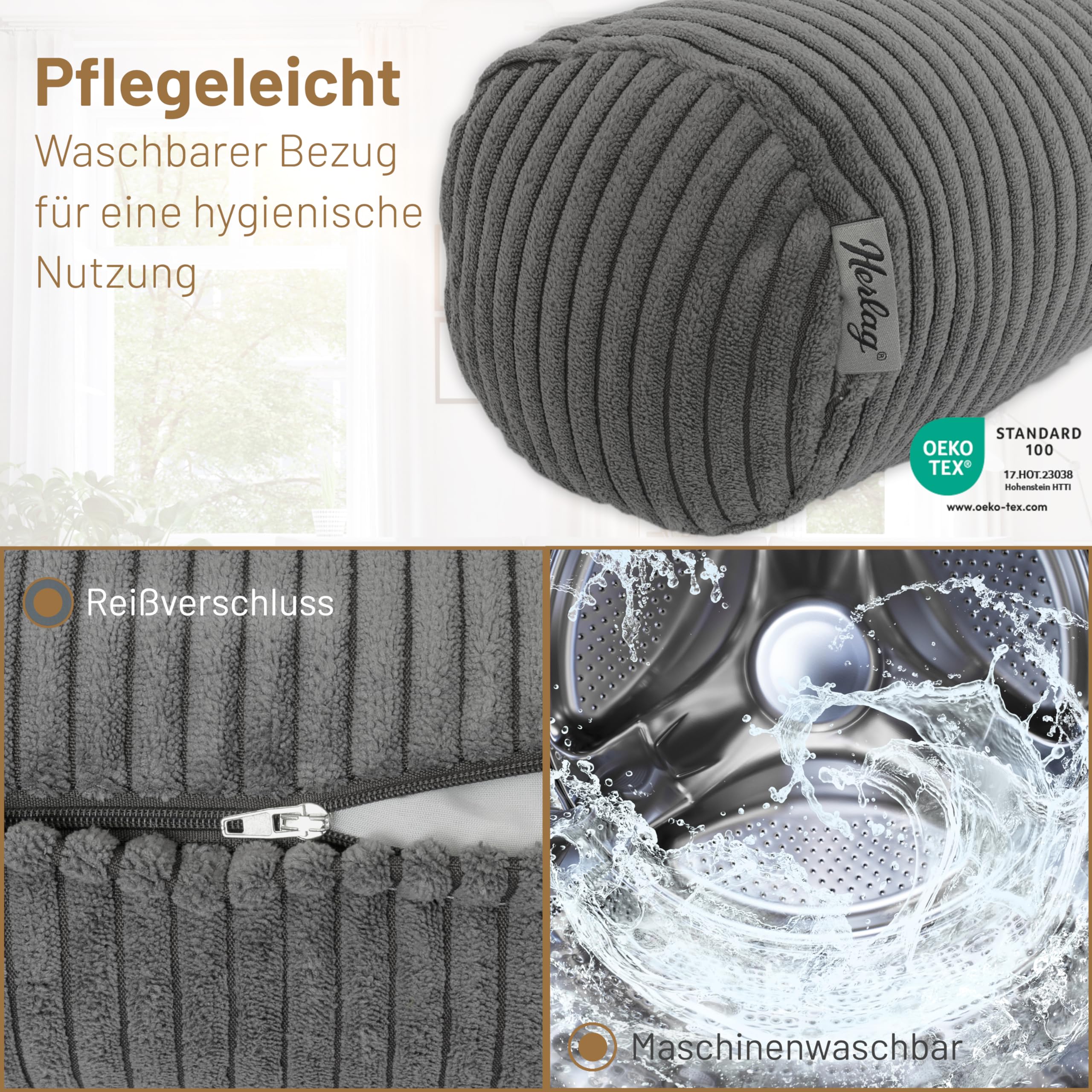 Herlag Kissenrolle Ella Grau 65x20cm - Nackenrolle aus Kord - Seitenschläferkissen - Dekokissenrolle - Öko Tex 100