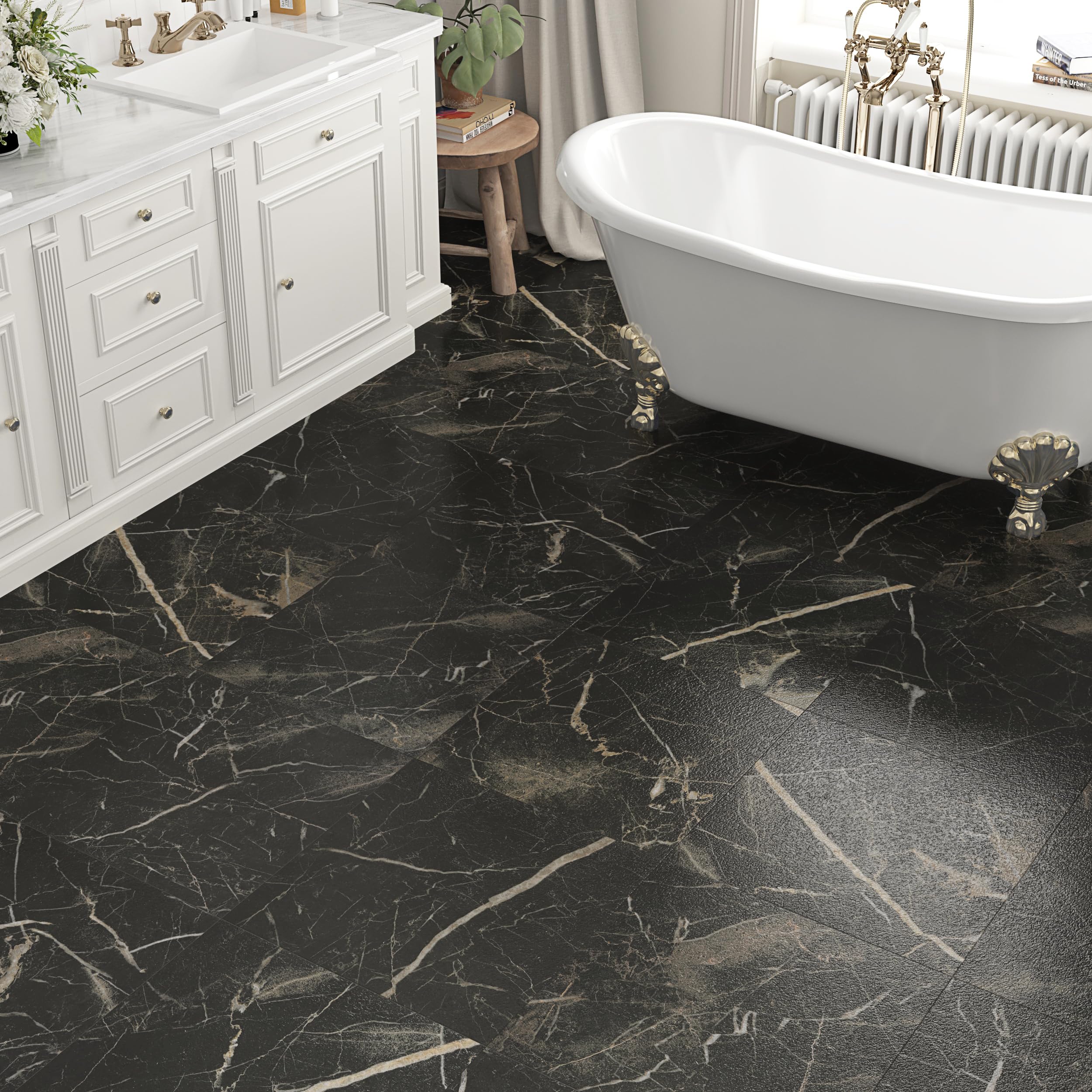 Black Marble Peel and Stick Floor Tile Self Adhesive Waterproof Vinyl Flooring Sheets for Bathroom 12''x12'' Marble Black Floor Tiles for Kitchen Laminate Flooring for Baseroom 5PCS Sticky Tile Panels