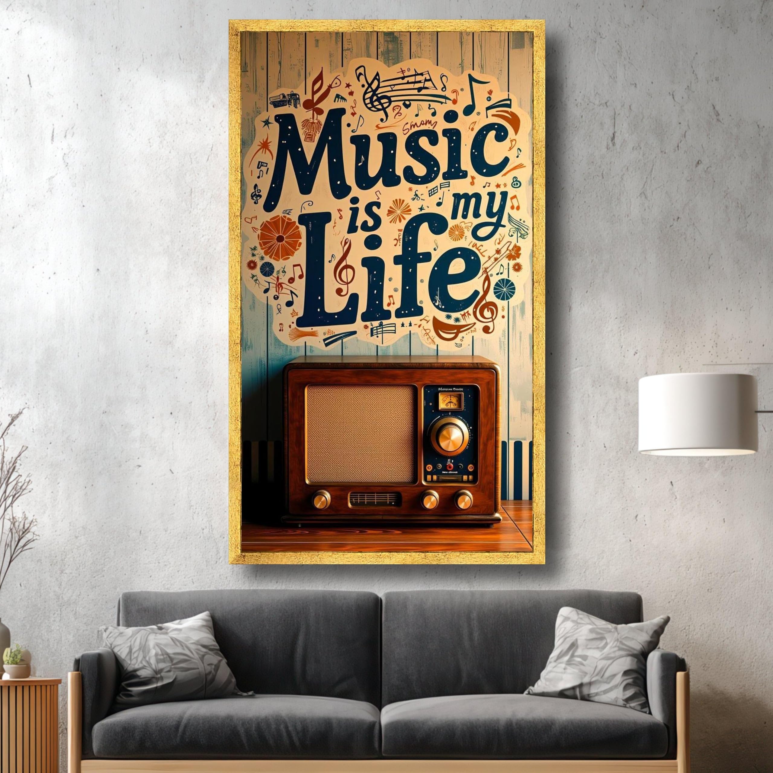 Radio d'epoca e la musica è la mia vita su tela, arte murale retrò, decorazione per amanti della musica, dipinto con citazione musicale, decorazione per la stanza di casa (60x105 cm/cornice interna)