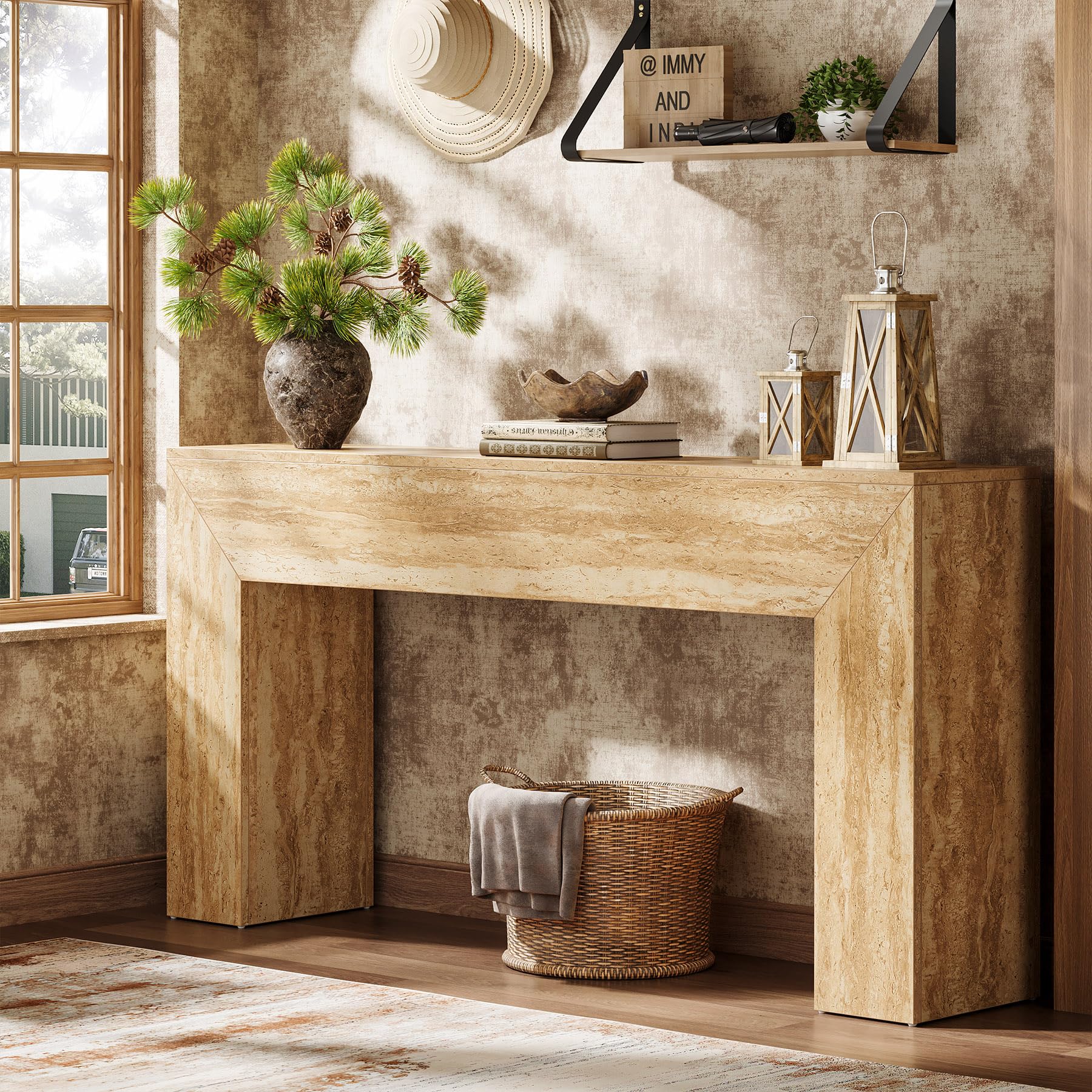 Tribesigns Table d'entrée de 160 cm, console de canapé longue étroite avec finition en travertin synthétique et pieds robustes, table d'accentuation rectangulaire en bois derrière le canapé pour salon