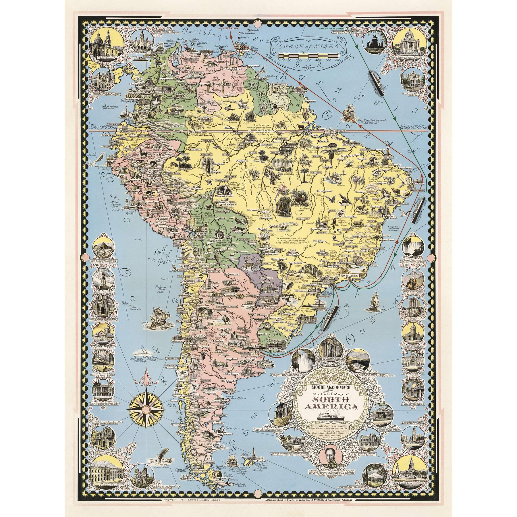 Artery8 1942 Ernest Dudley Chase Pictorial Map South America Premium Wall Art Canvas Print 18X24 Inch