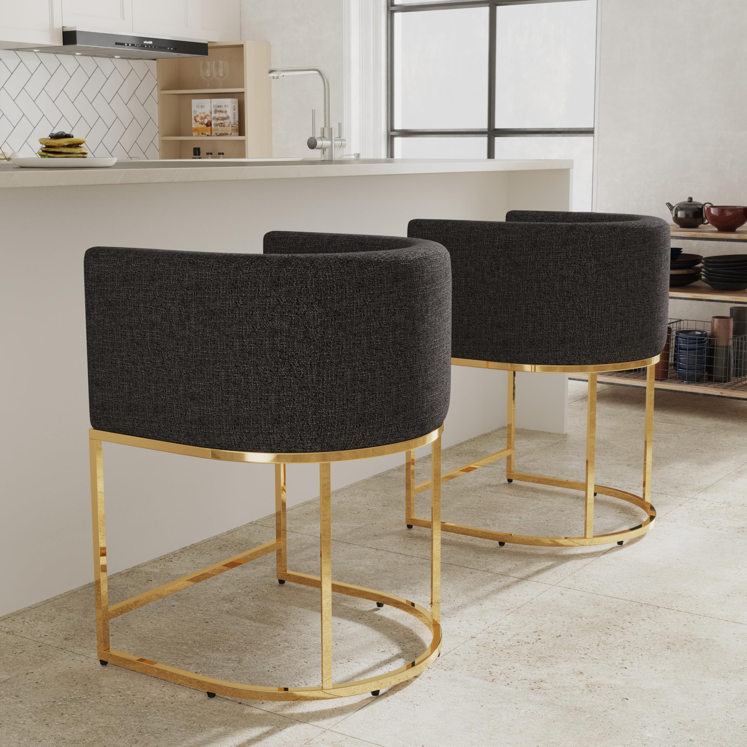 RIVOVA Contemporary Linen Bar Stools Set of 2, 24" Upholstered Fabric Counter Height Barstools Kitchen Counter Island Stools with Golden Metal Base,