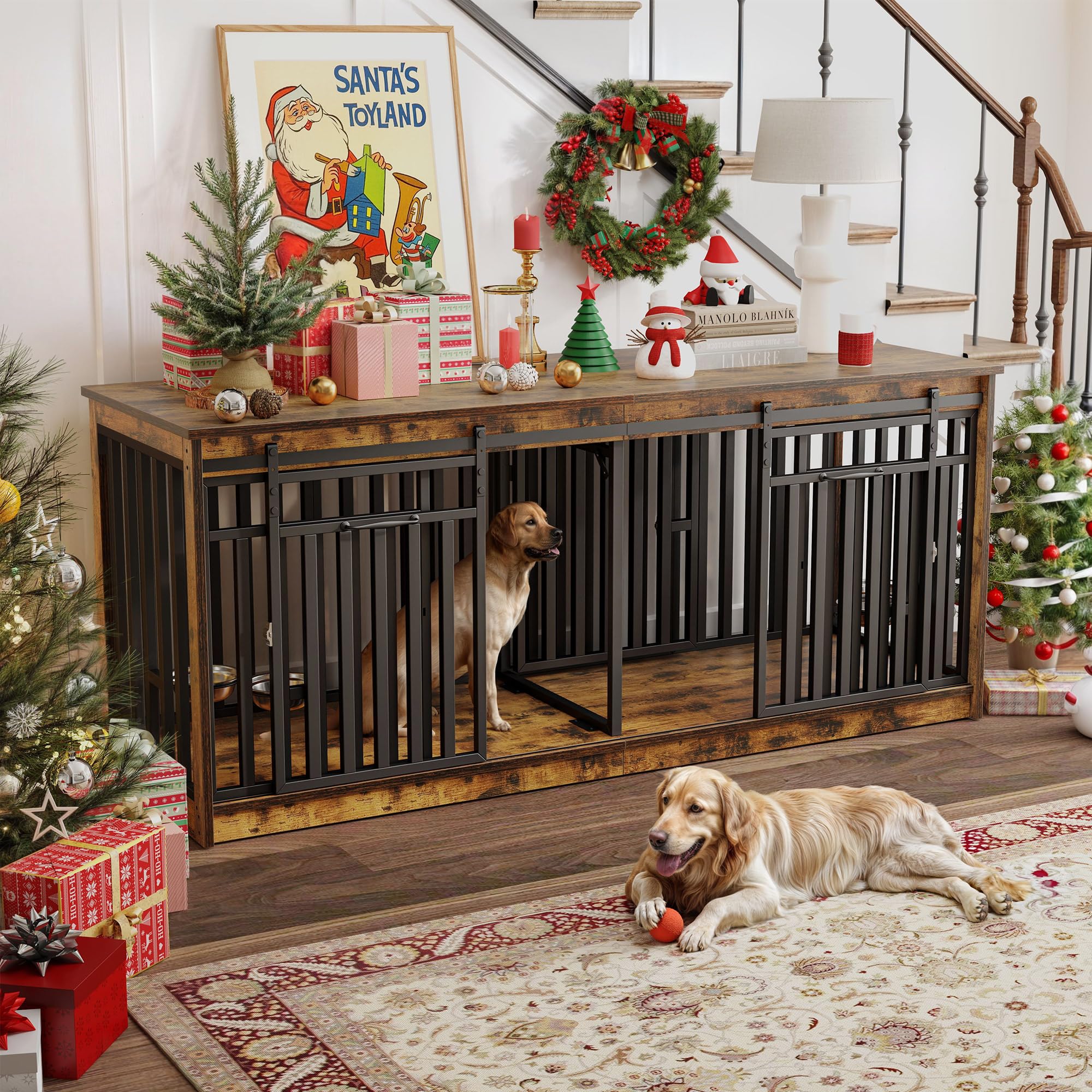 Photo 1 of **SELLING FOR PARTS. METAL FRAMES ONLY.**71 Inch Double Dog Crate Furniture for 2 Dogs, Heavy Duty Wooden Dog Crate TV Stand with 4 Dog Bowls, Dog Kennel Indoor Furniture Sliding Barn Door Design for Extra Large Dogs, Rustic Brown