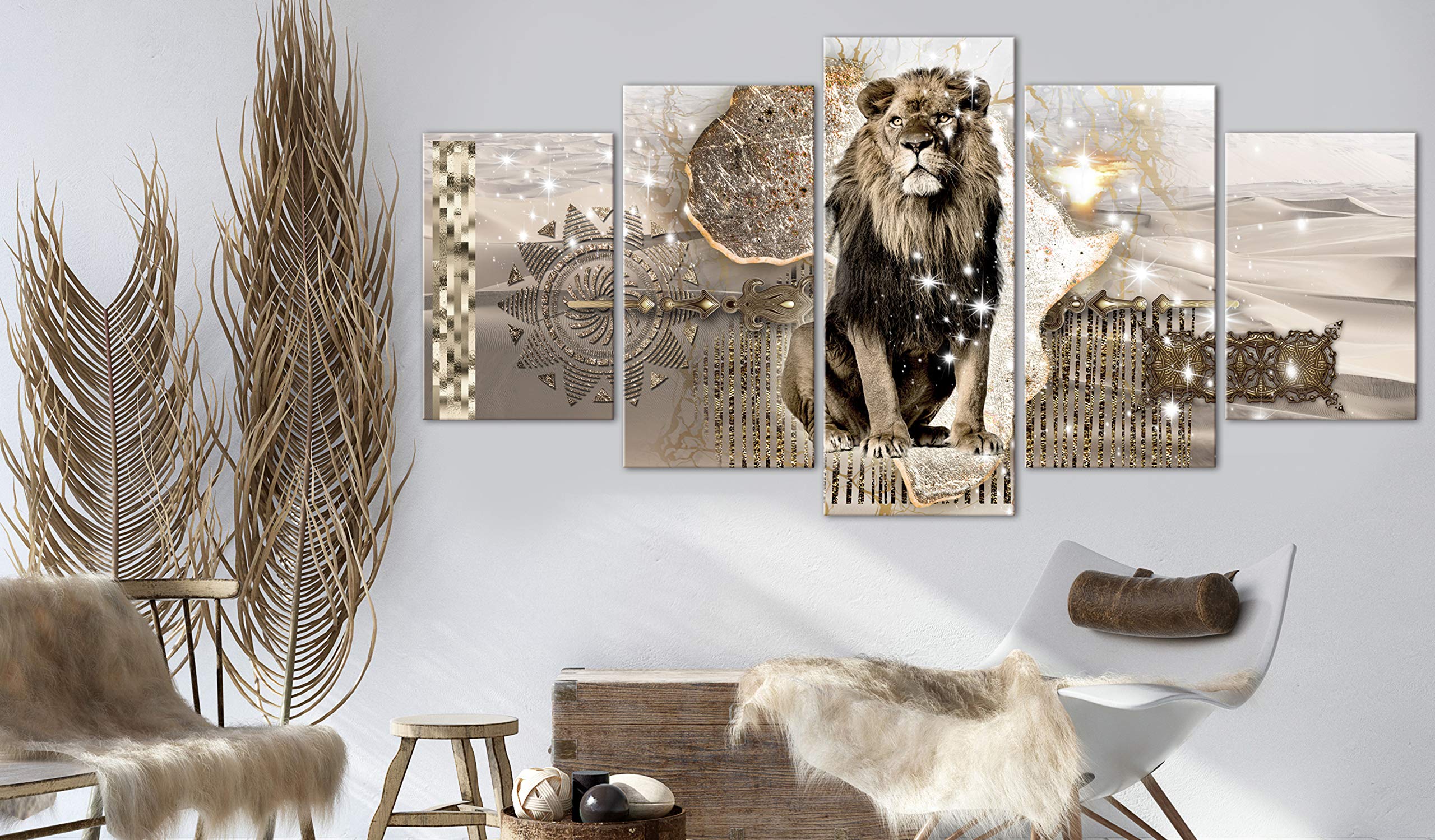 artgeist Acoustic Canvas Wall Art Lion 80x40 in - 5pcs Picture with Acoustic Foam Sound Print Artwork Room Acoustics Soundproofing - Animals Abstract Africa g-C-0305-b-m