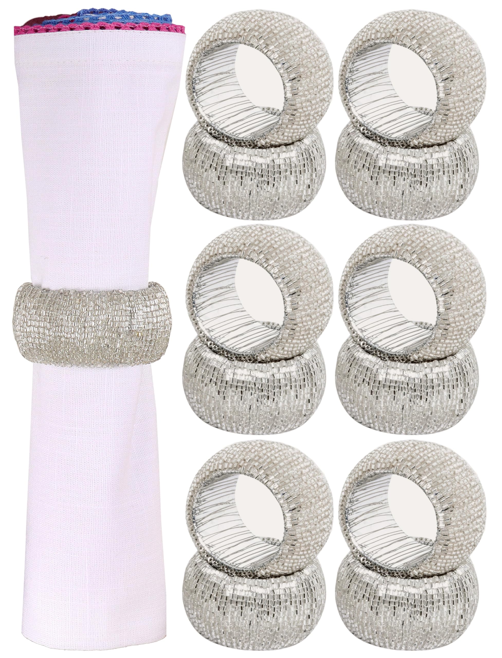 - ALPHA Living HOME Beaded Napkin Rings Set of 12- Beaded Napkin Holders for Christmas, Thanksgiving, Holiday Party, Dinner PartyWeddings, Parties, Family Gatherings, and Table Décor - Silver