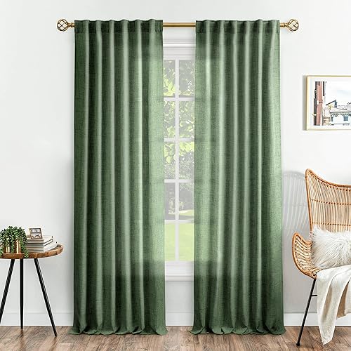 Miniatura 17 de Cortinas verde oliva de 108 pulgadas, 2 paneles para sala de estar, semitransparentes, reductoras de luz, aireadas, modernas, elegantes, extra Verde