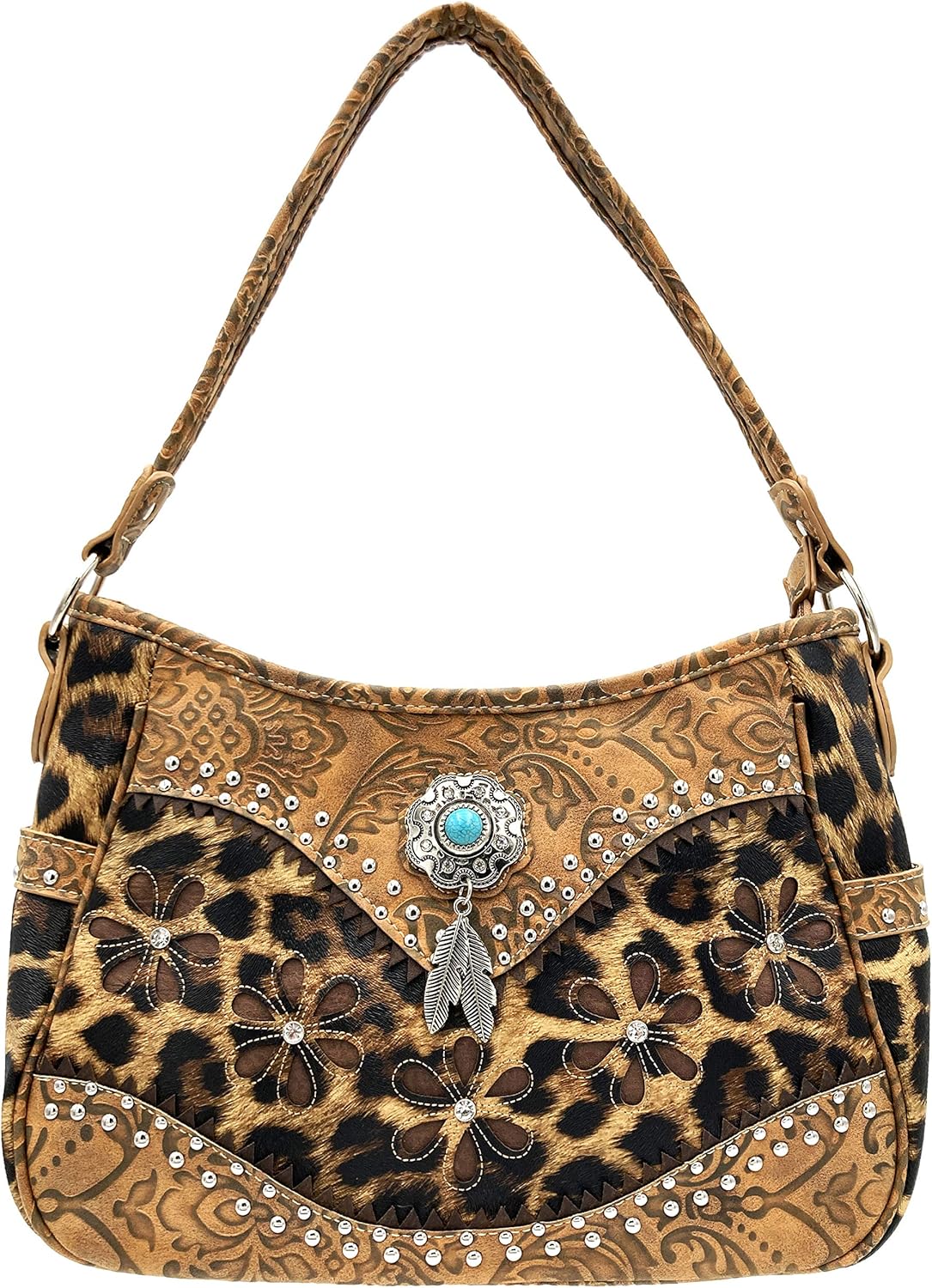 Leopard Animal Print Concealed Carry Feather Concho Country Vintage Western Handbag Hobo Purse