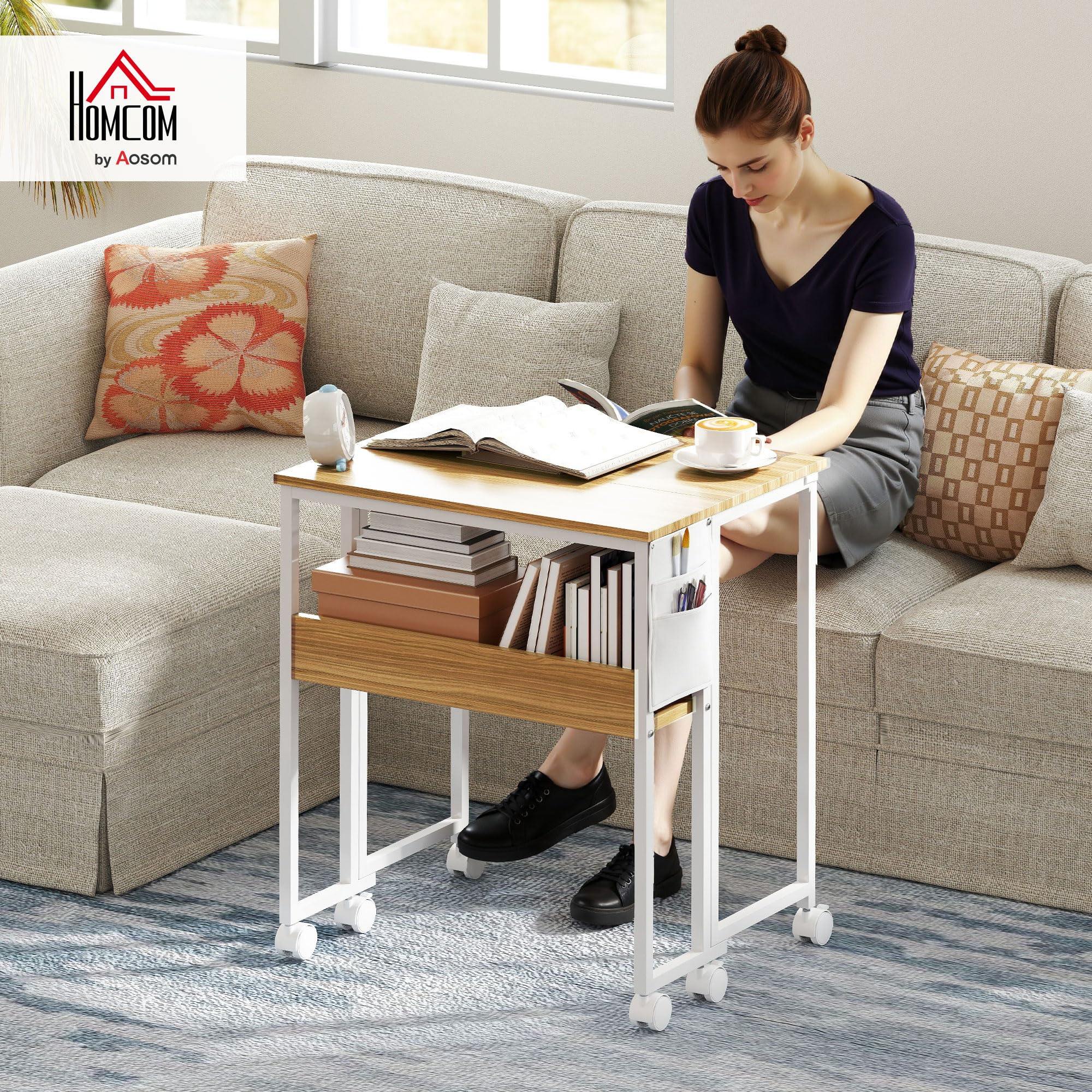 HOMCOM 63 cm Klappschreibtisch mit Rollen mit Regal für Home Office Natur | Schreibtisch, Klappbar, Kleiner, Platzsparend, Computertisch, Aufbewahrungstasche