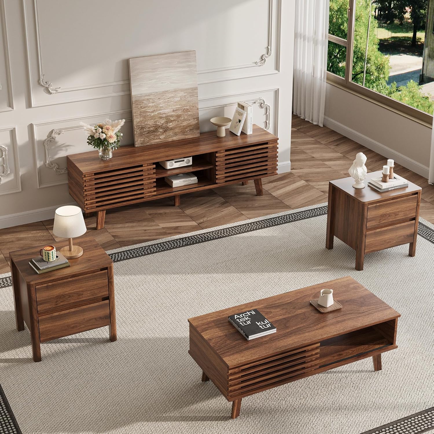 Living Room Table Sets of 4, Mid Century Coffee Table & TV Stand & End Table Set of 2, Sliding Door Coffee Table and TV Stand with Storage, Modern End Table for Living Room, Walnut