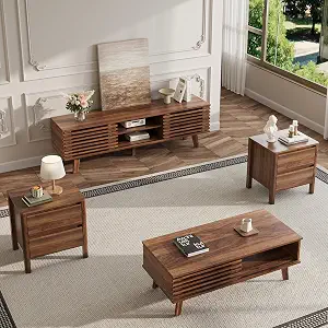 Maisonaria Living Room Table Set of 4, Mid Century Coffee Table, TV Stand & End Tables with Storage, Modern Walnut Finish