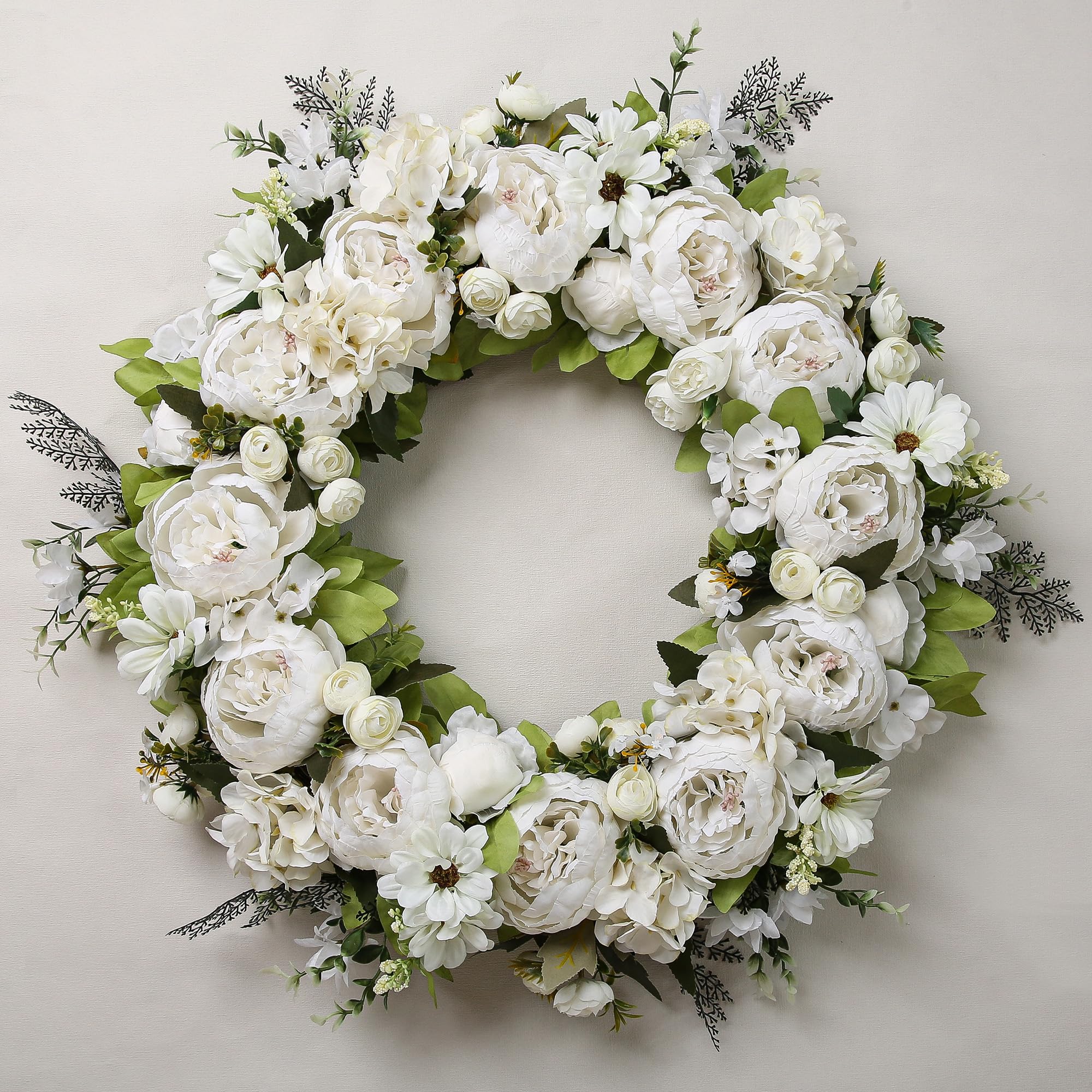 Peony Wreath 23" Floral Artificial Wreath for Front Door Wall Decor Home Décor Festival Celebration Wedding Party New Owners Seasonal Decoration Housewarming Gifts EZsenses (White)