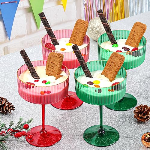 Miniatura 9 de 12 vasos de copa acanalados de 10 onzas desmontables con borde dorado Martini, copa de copa de champán de plástico rojo para champán, cristalería