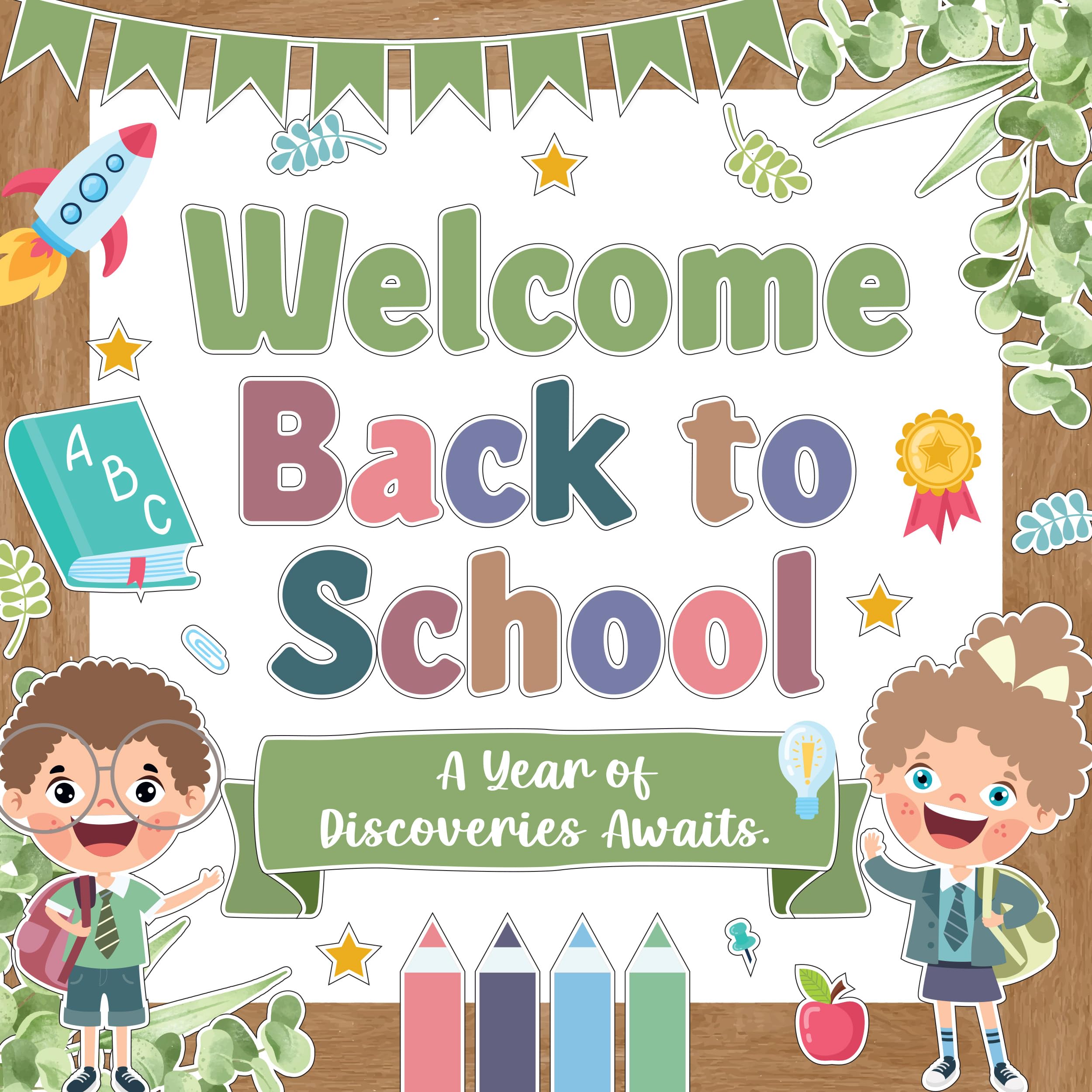 Decorably 87 Pcs Cutouts Farmhouse Theme Welcome Back to School Bulletin Board Decorations Set with Borders, Welcome Bulletin Board Set - Classroom Walls, Classroom Doors