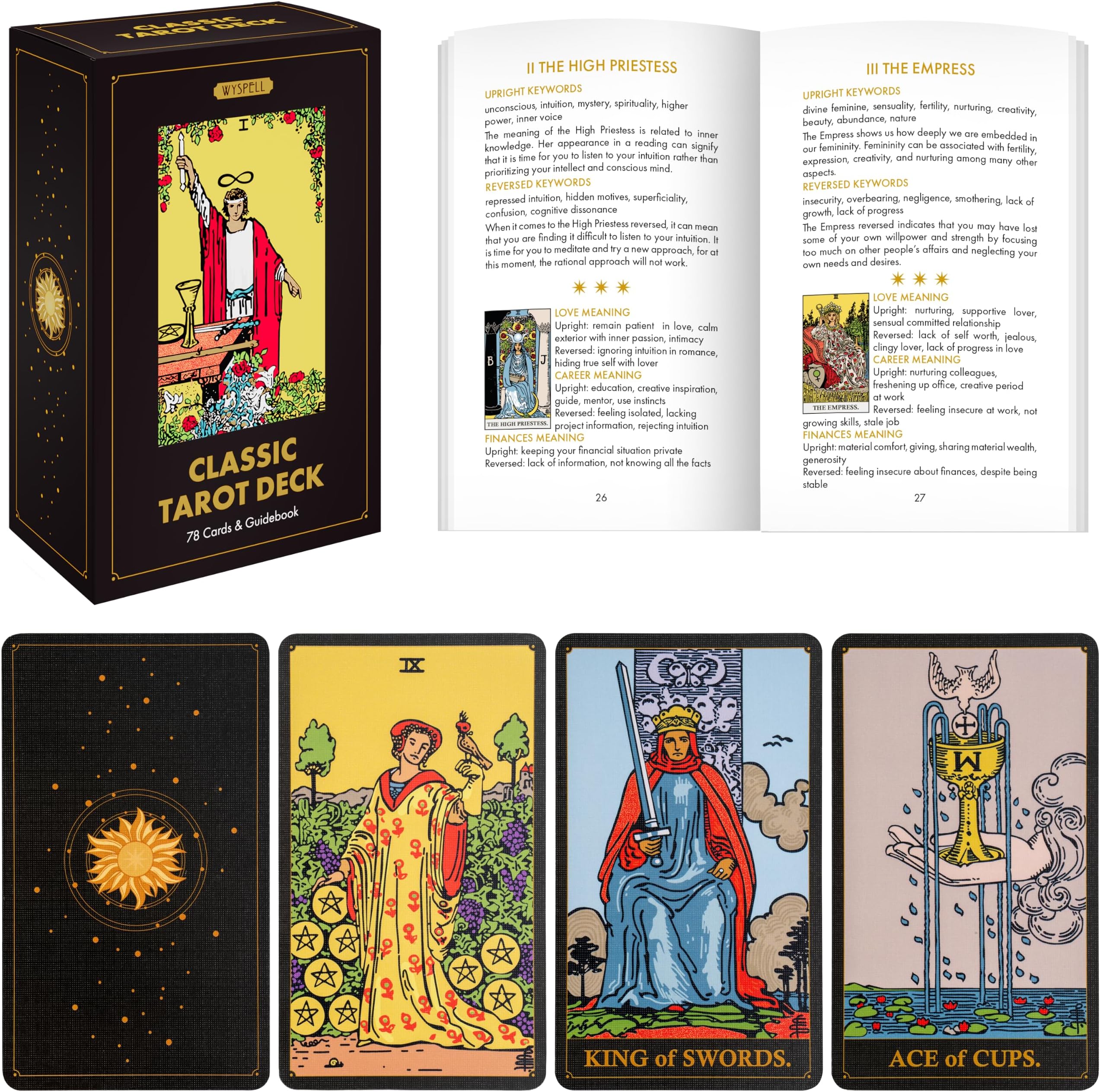 Wyspell Classic Tarot Cards for Beginners - Traditional Tarot Deck (Dark)