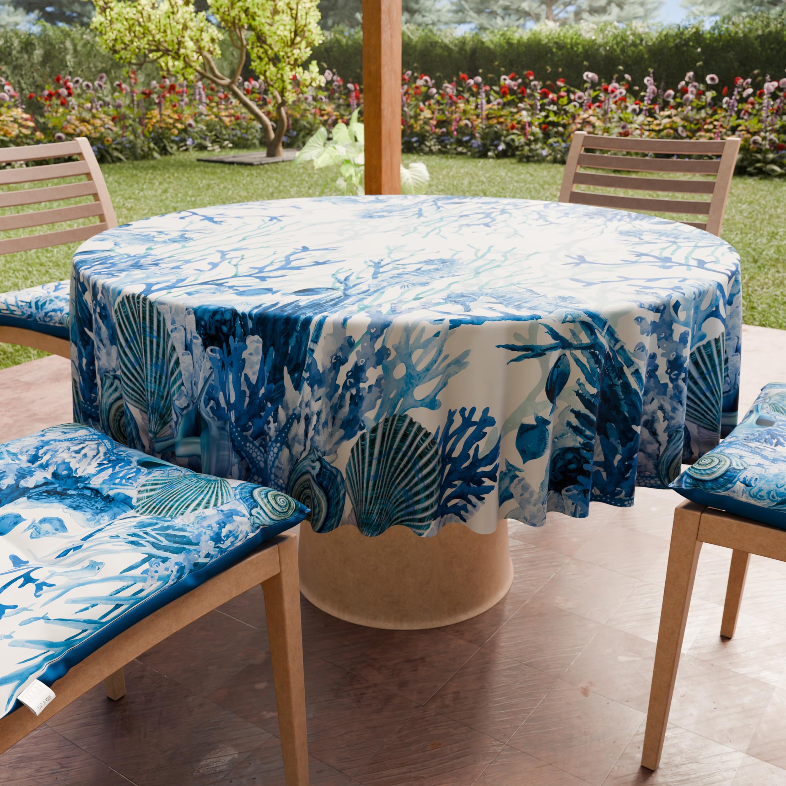 Nappe de cuisine ronde idéale pour repas de famille en microfibre motif corail bleu italien