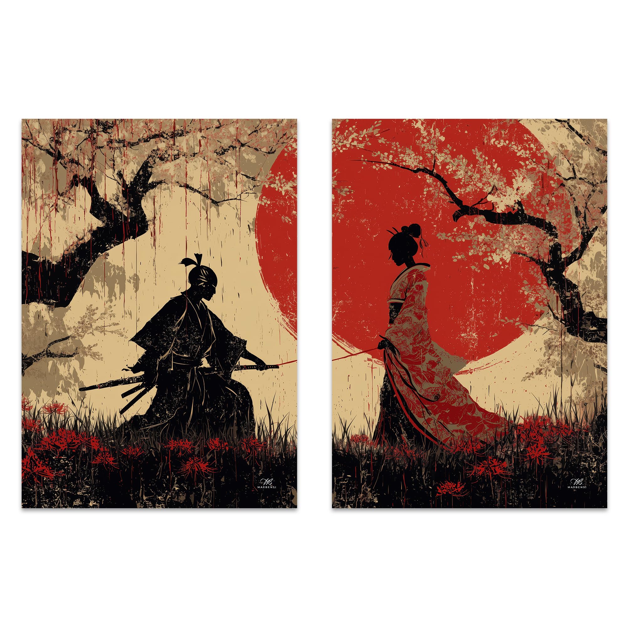 Generico Set 2 Poster A3 Collezione Kizuna Promessa sotto i Sakura | Stampe Giapponesi Moderne Samurai e Geisha con Filo Rosso del Destino | Regalo per Coppia | 30x42 cm | Carta Premium 260g