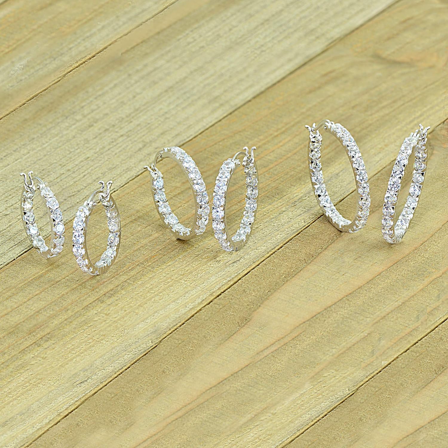 Sterling Silver 3mm Inside Out Cubic Zirconia Round Hoop Earrings, Options Available - Image 4