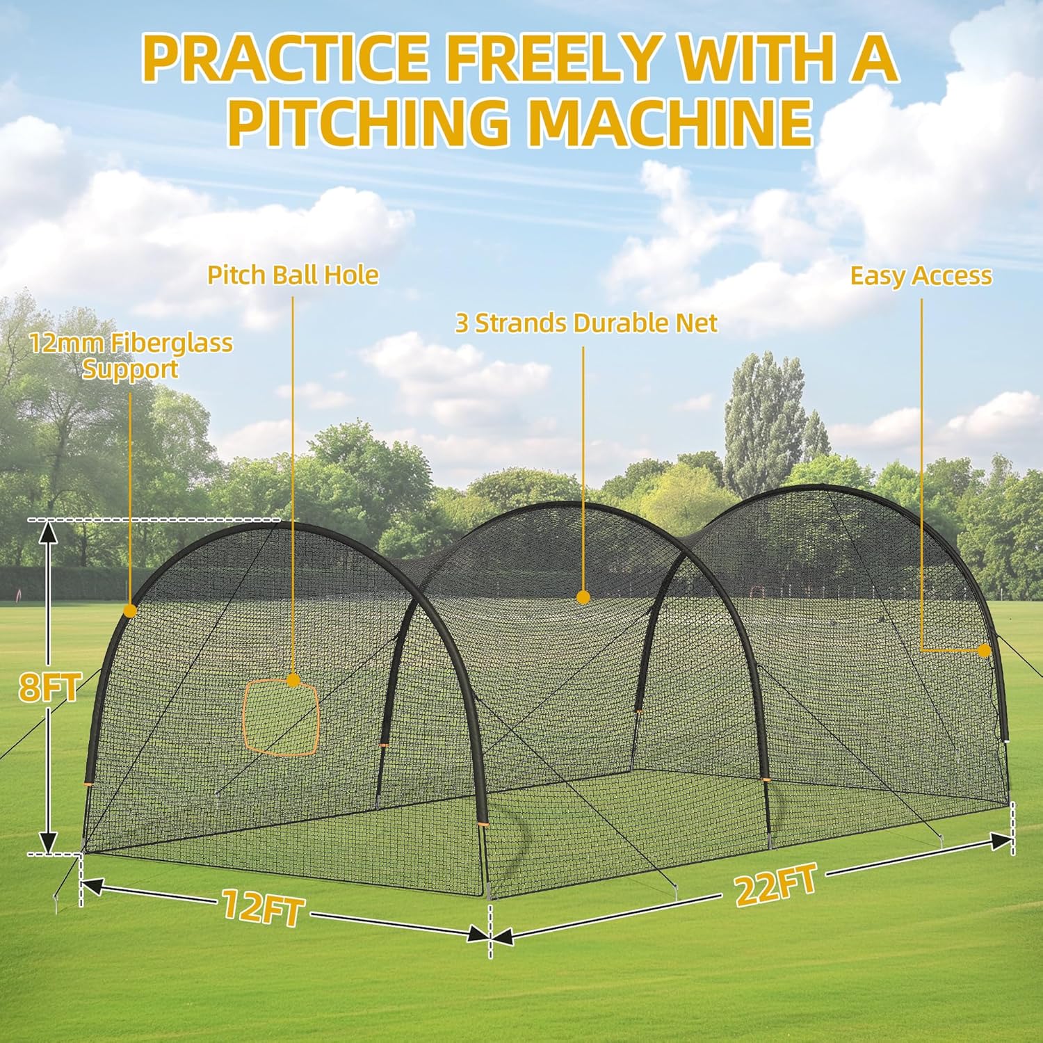 Baseball Batting Cage, 22x12x8 Feet Baseball & Softball Hitting cage for Backyard Park, Portable Batting Cage System w/Carrying Bag