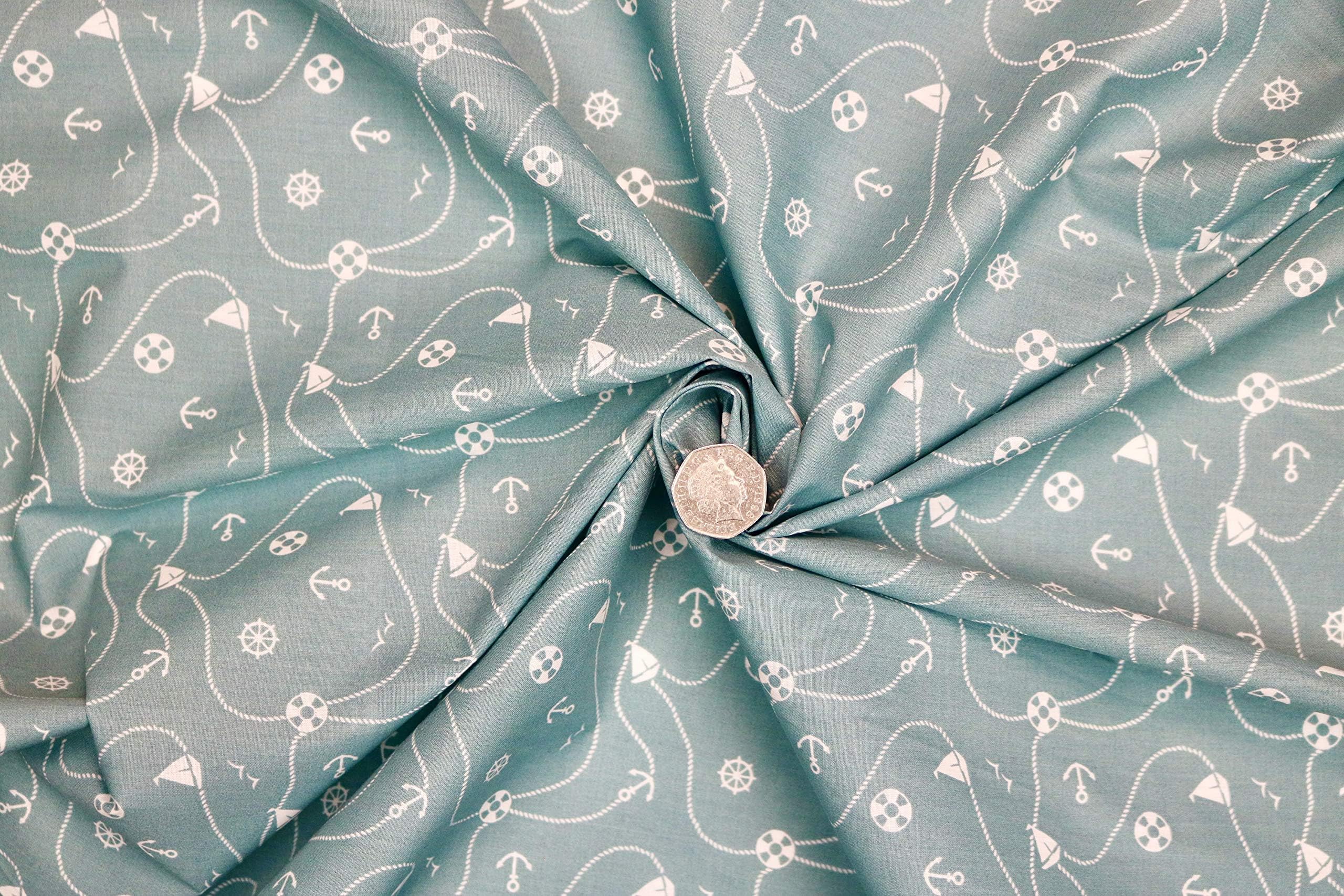 Pyrhan Nautical Anchor Patterned Polycotton Prints โSimilar to 100% Cotton Fabric by Metre -45 inches Wide Perfect Fabric Material for Sewing for Beach Projects- Fabric by Metre Clearance(Duck Egg)