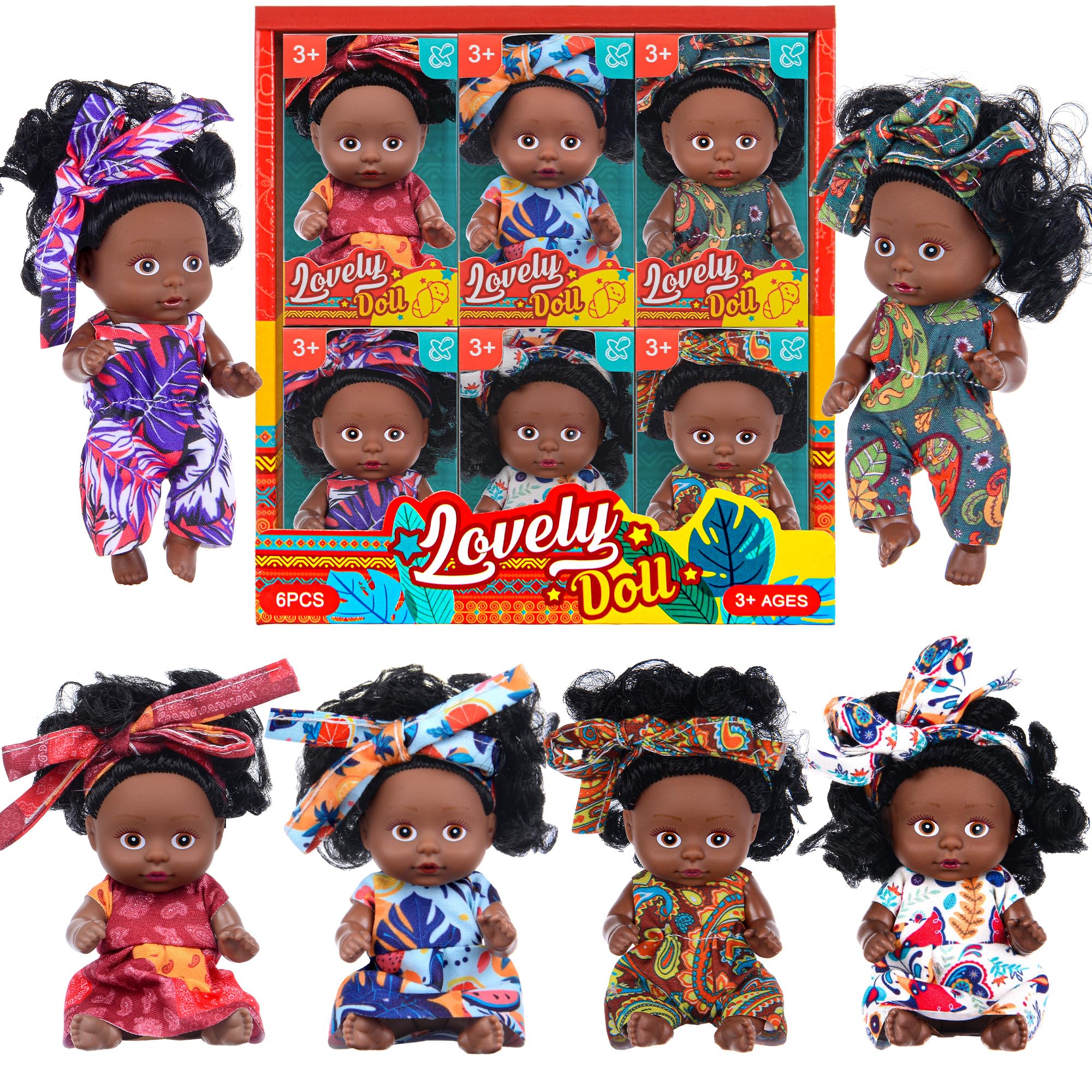 Juego de 6 muñecas africanas de 4 pulgadas, mini muñecas negras con trajes coloridos y bandas para el cabello, regalo para niñas de 3-6, 6-12 juguetes educativos y figuras decorativas 6