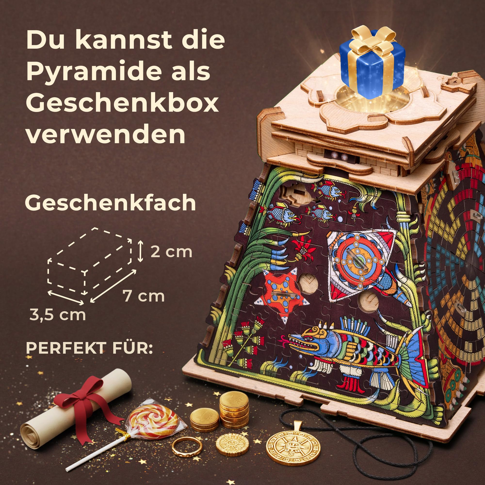 iDventure Cluepuzzle Sonnenpyramide, 3D Holzpuzzle Rätselbox für Erwachsene | Aztekenpyramide, Escape Room Spiel, 3D Jigsaw Puzzle, Knobelspiel, Logikrätsel, Familienspiel mit Geheimfach im Inneren