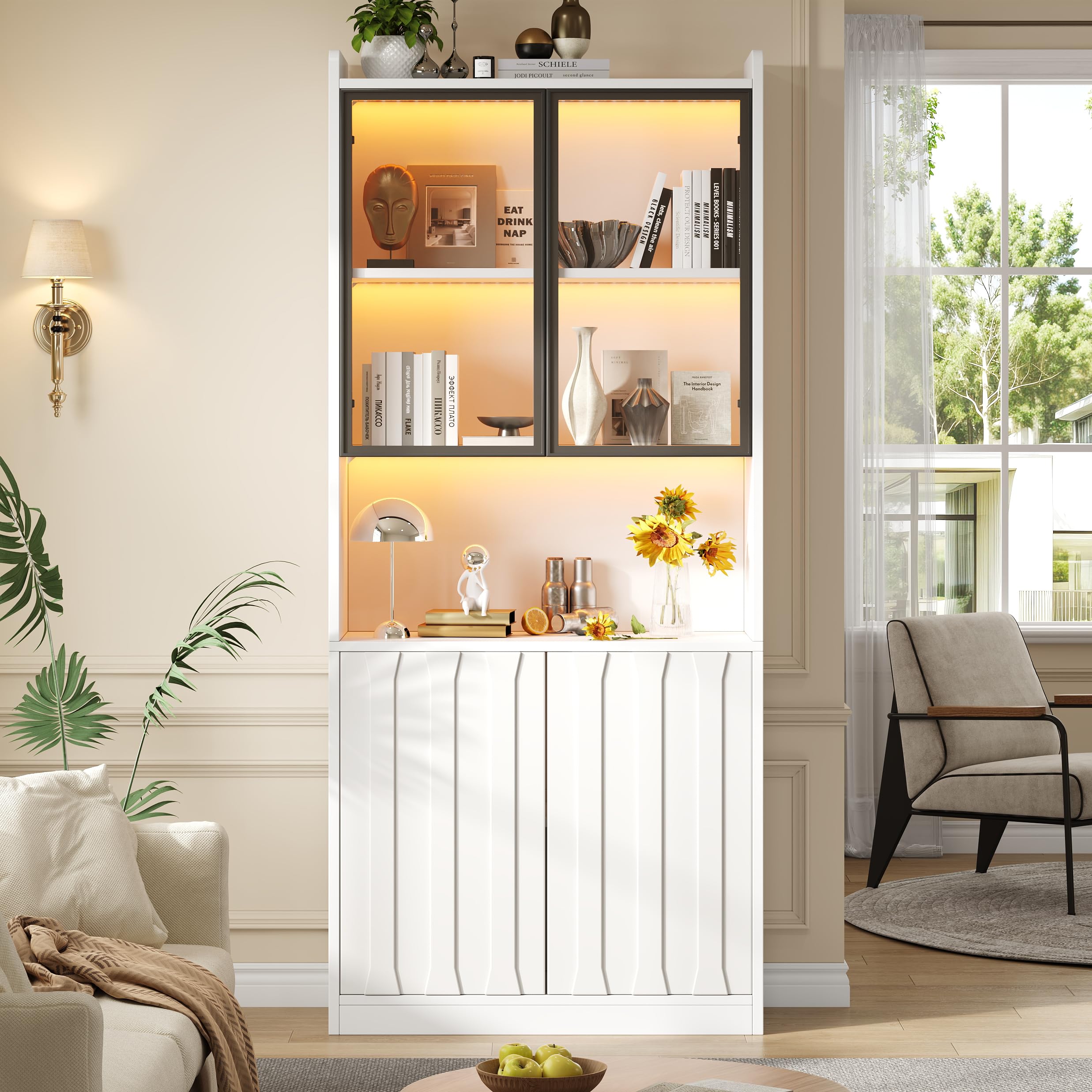 Vitrina LED de 80 x 35 x 200 cm, armario alto con puertas de cristal, armario alto de cristal con LED y partición abierta, armario de salón con puertas de cristal, cocina, estudio, entrada