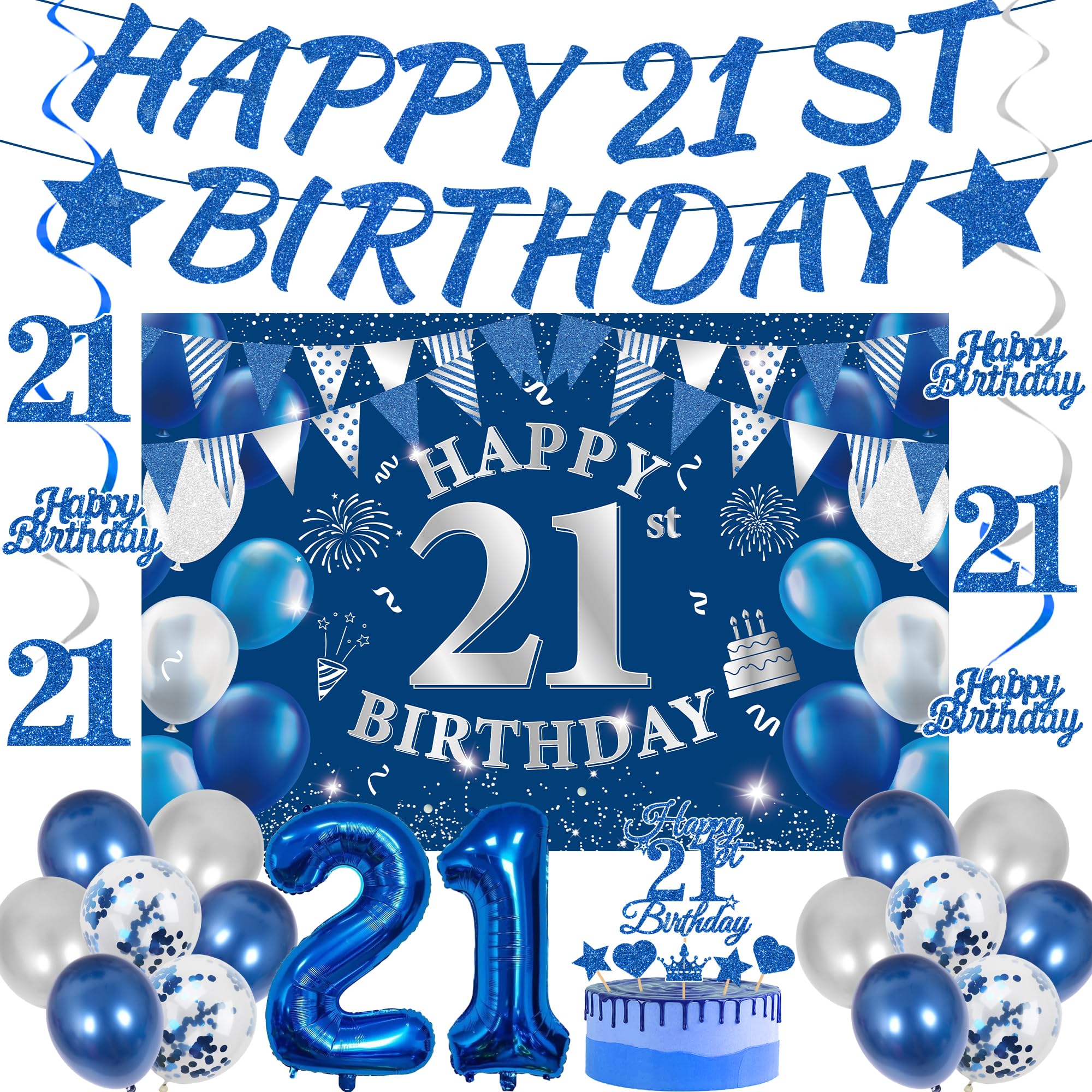 21st Birthday Decorations Boys Set - 31 Pcs Blue Silver Party Supplies with Happy 21st Birthday Banner Cake Topper number 21 Foil Balloon Latex Balloons and Backdrop for 21 Year Old Party Decor — image 1