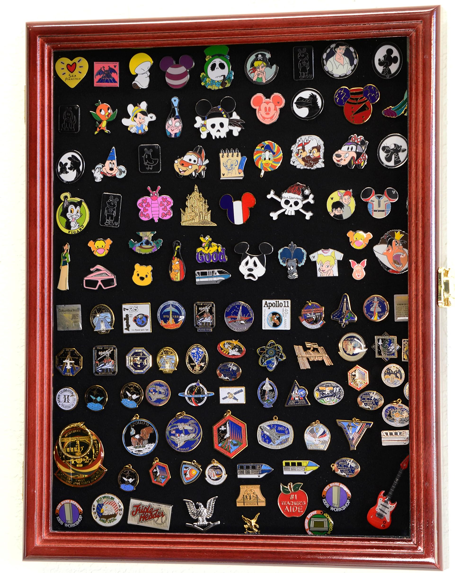 Disney Hard Rock Military Lapel Pin Display Case Cabinet Wall Rack Holder (Cherry Finish)