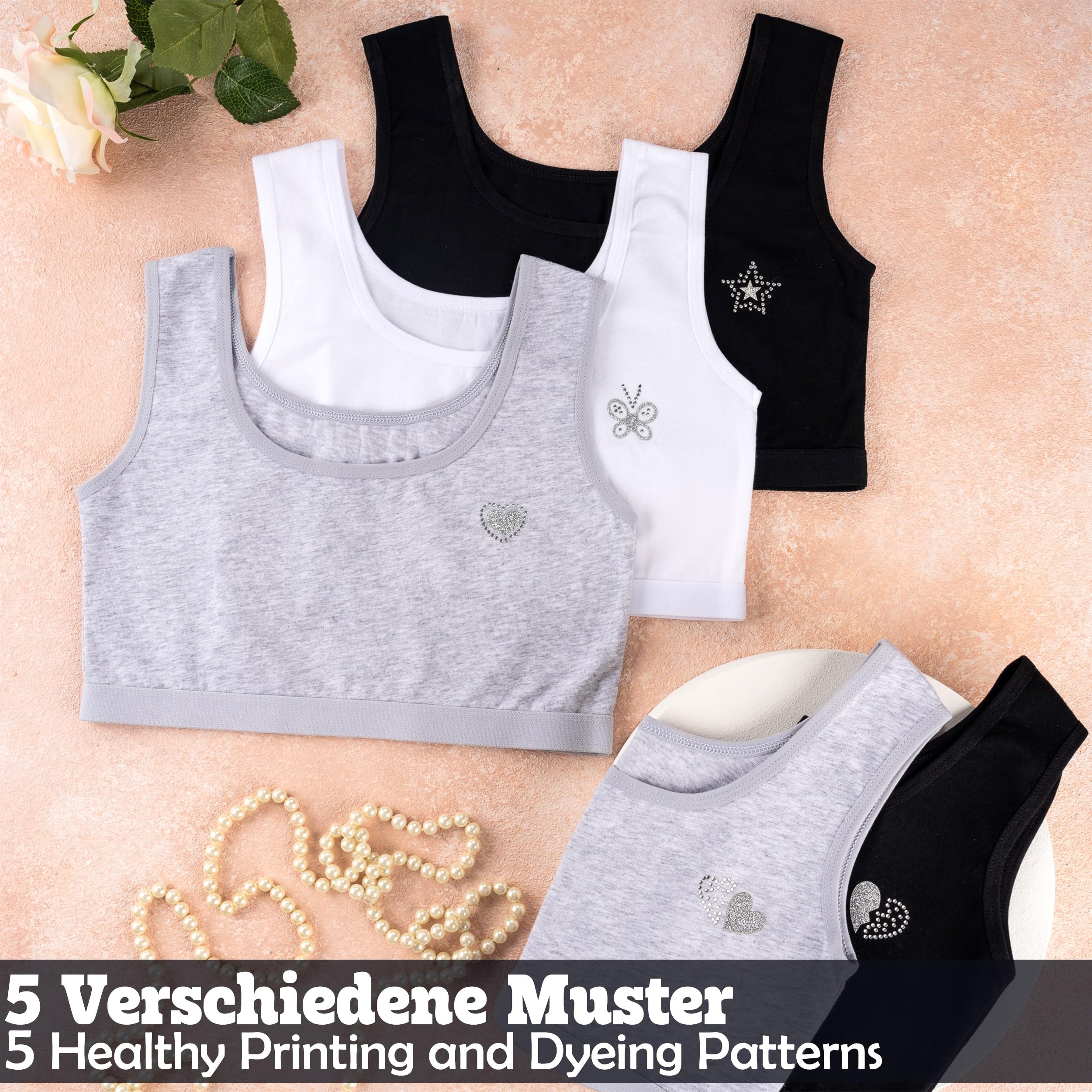 LOREZA ® 5 dziewczęcy biustonosz z bawełny ze strasem ramiączka spaghetti biustonosz sportowy rozmiar 140-170