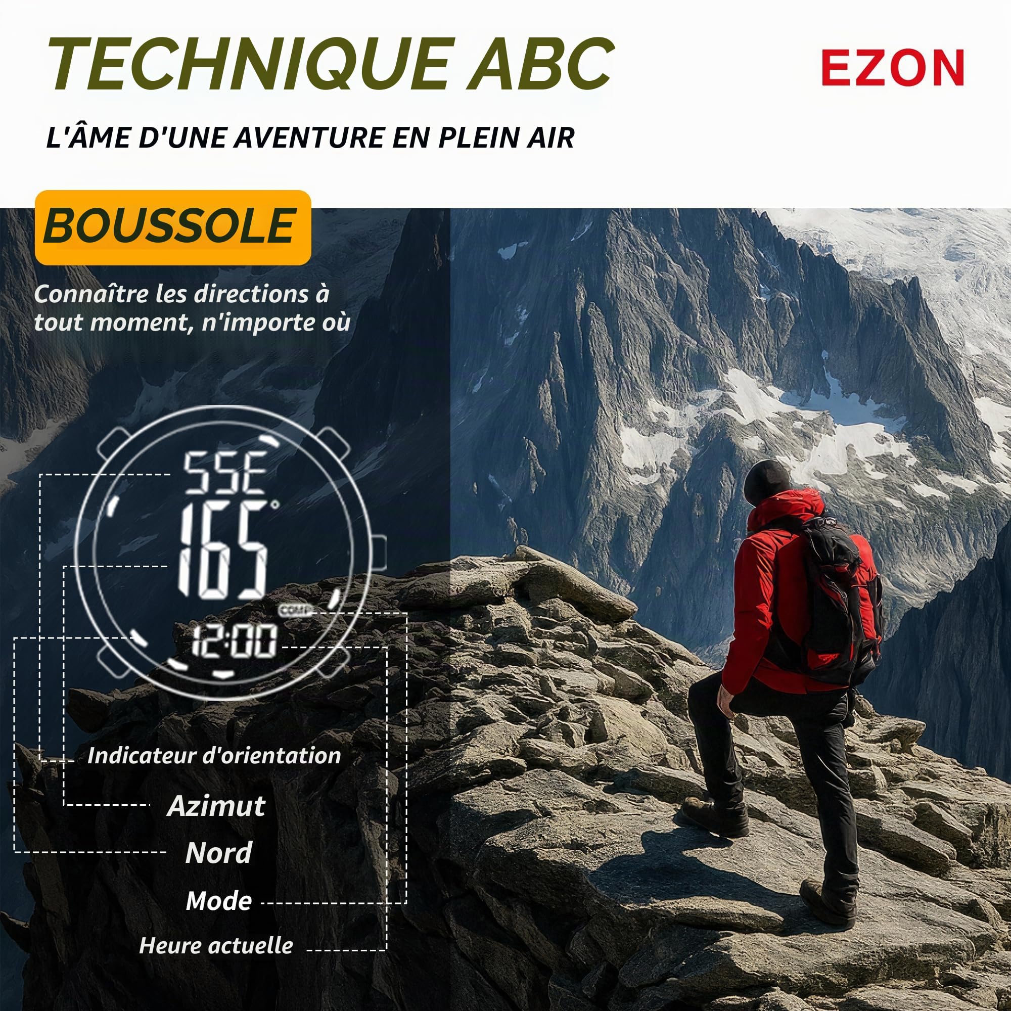 EZON H001 Montre de sport étanche pour homme avec boussole, thermomètre, baromètre, altimètre, noir