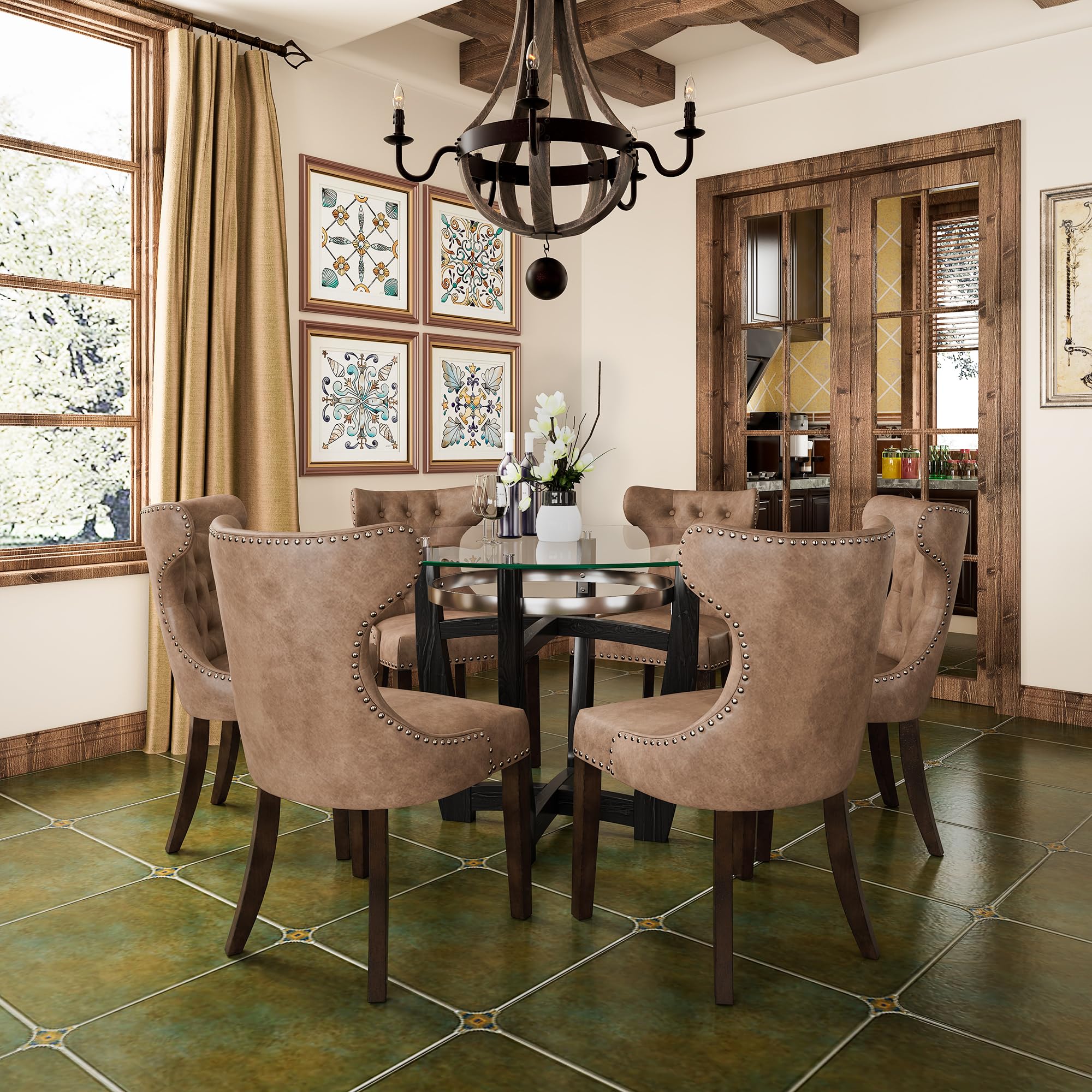 Tempered Glass Dining Table Chair Set with 6 High-end Button-Tufted Leather Dining Room Chairs 48" Round Kitchen Table with Glasstop and 6 Table Side