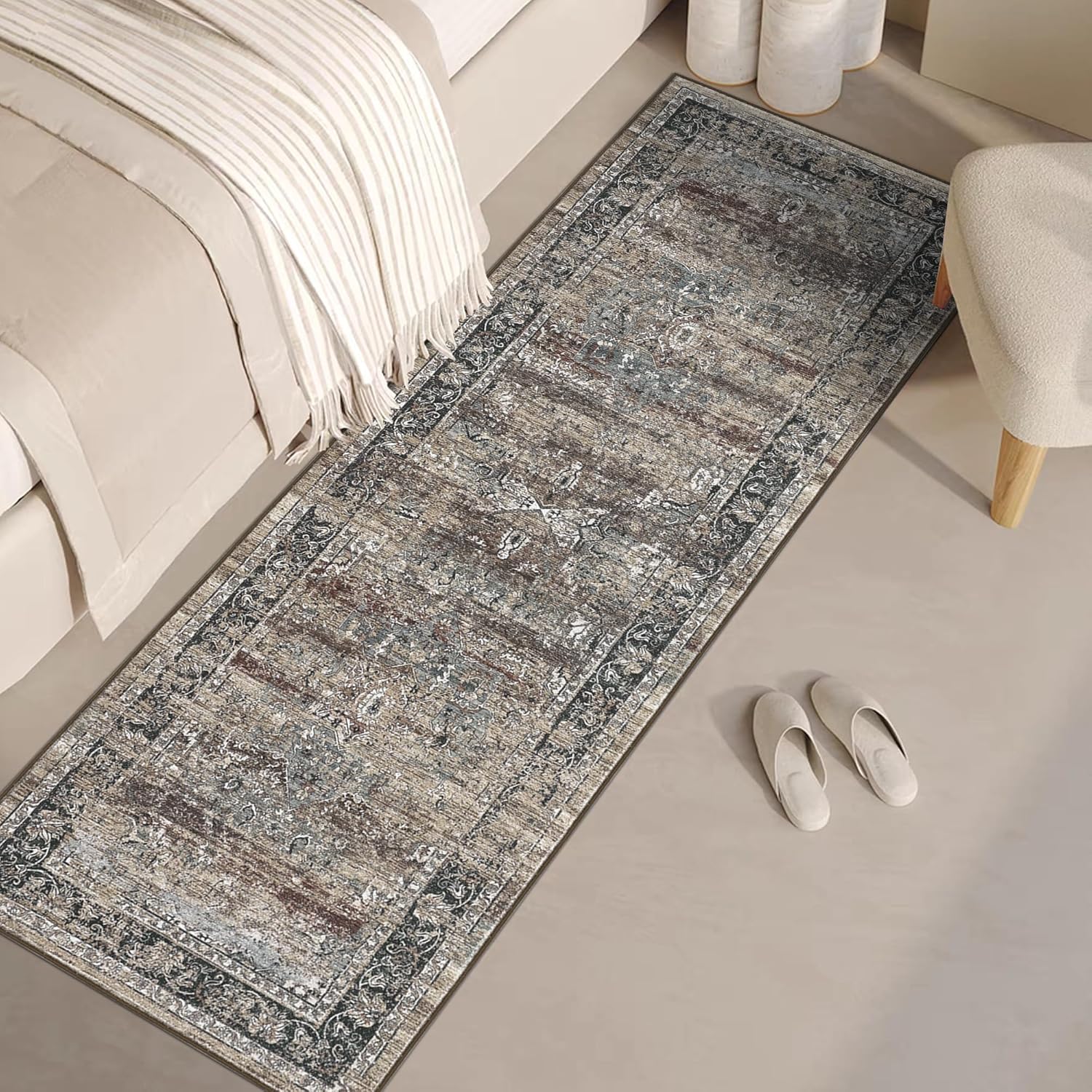 Washable Area Rugs 2x6 Vintage Printed Runner Rug with Non-Slip Backing, Oriental Distressed Floor Cover, Medallion Low Pile Indoor Mat for Hallway, Kitchen, Laundry, Brown
