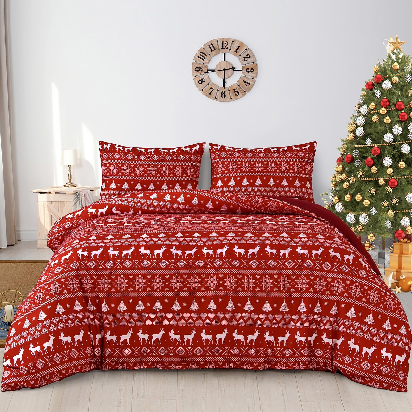 Christmas Duvet Cover Set King Size - 3 Pieces Christmas Red Bedding Set in Snowflake Christmas Tree Reindeer Pattern, Breathable Microfiber Comforter Cover Set with Zipper & 4 Corner Ties (104"x90")