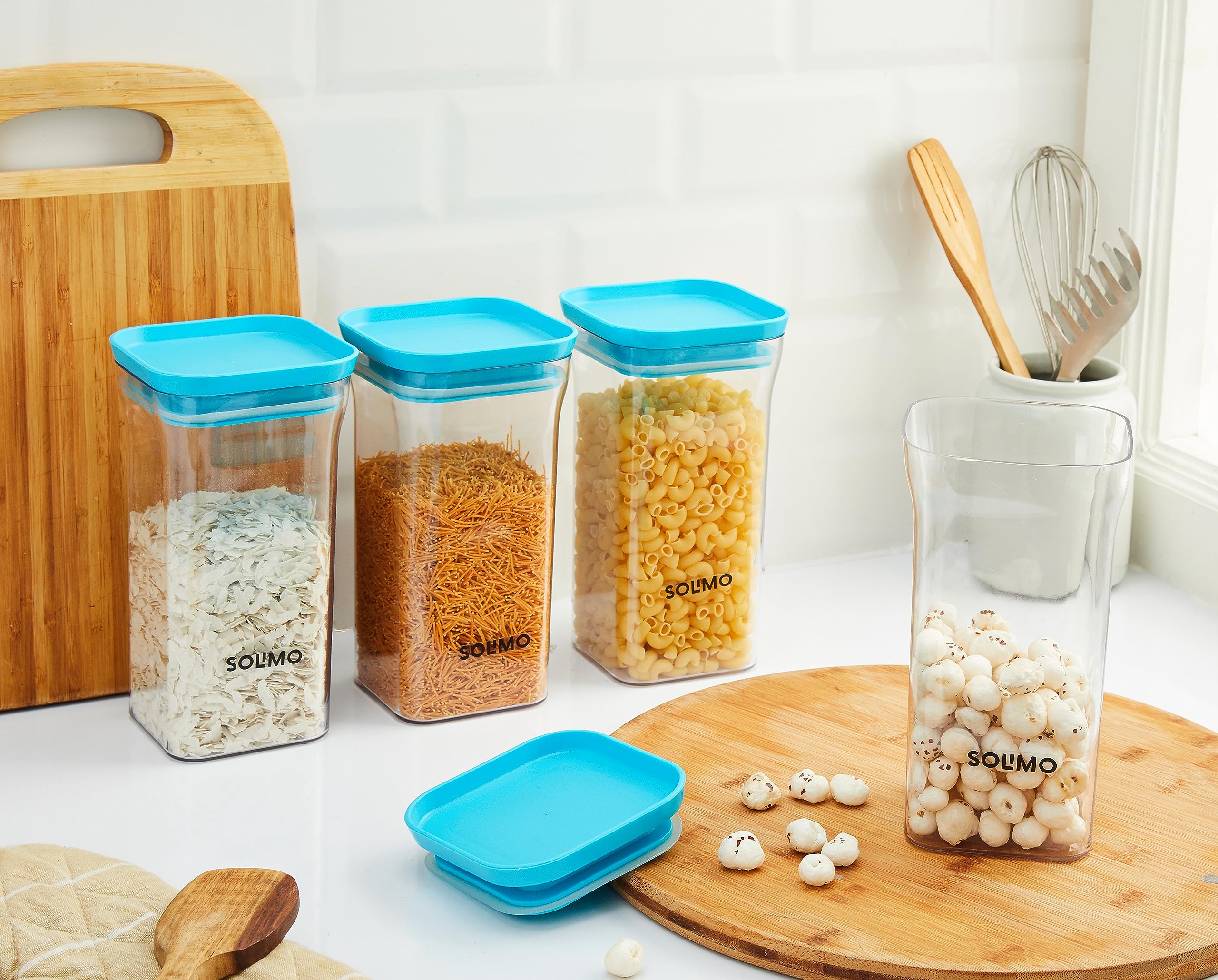 Amazon Brand - Solimo Plastic Storage Jar and Container Set I Air Tight & BPA Free Containers for Kitchen Storage Set I Grocery Kitchen Container Set I Multipurpose Jar, 1100 Ml Each, Set 4, Blue 2