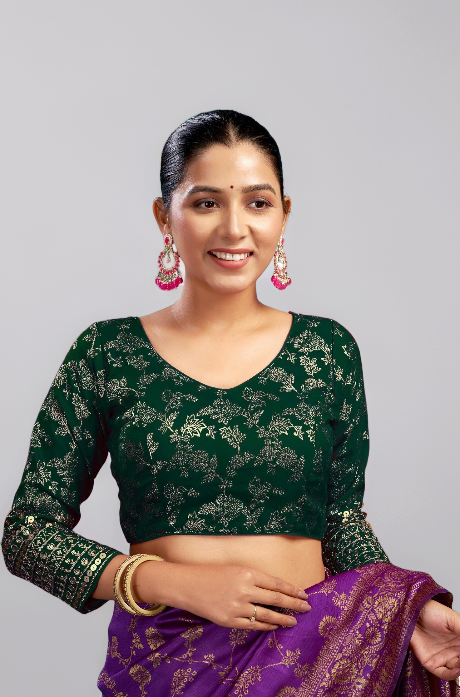 SIRIL Readymade Saree Blouse for Women | Silk Blend Sequence Embroidery 3/4 Sleeve Blouse | Stitched Padded Blouse