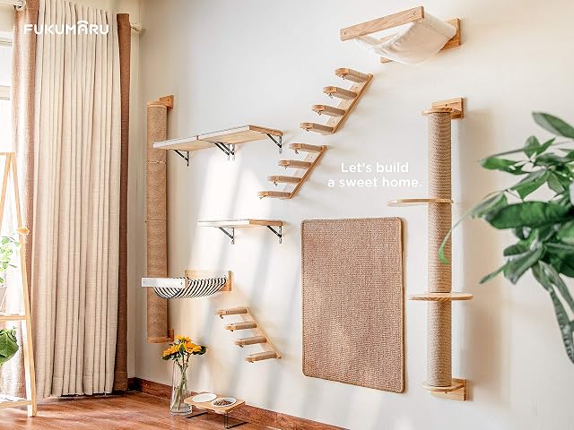 Foto 8 de 8 de FUKUMARU Estante de Escalada para Gatos Montado en la Pared, Hecho de Madera de Caucho